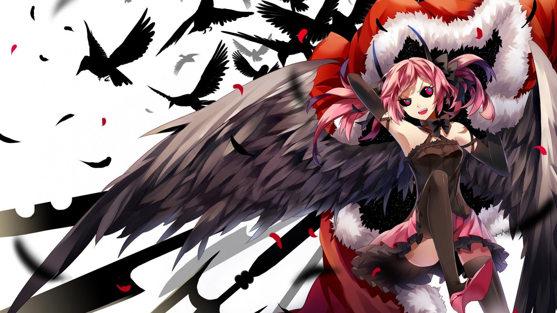 1920x1080 Wallpaper / red, pretty, wings, dress, raven, angel, black, beautiful, girl, crazy, anime, beauty, crow, pink, feathers