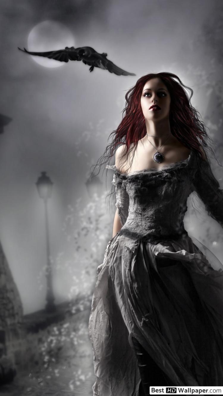 750x1334 Gothic girl with raven HD wallpaper download