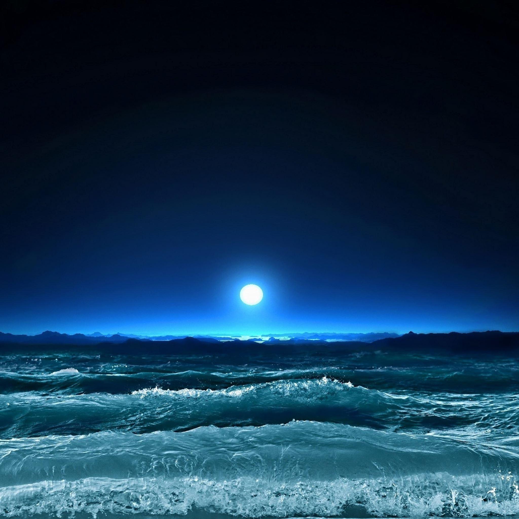 2048x2048 Moon light sea night waves art iPad Air Wallpaper Free Download