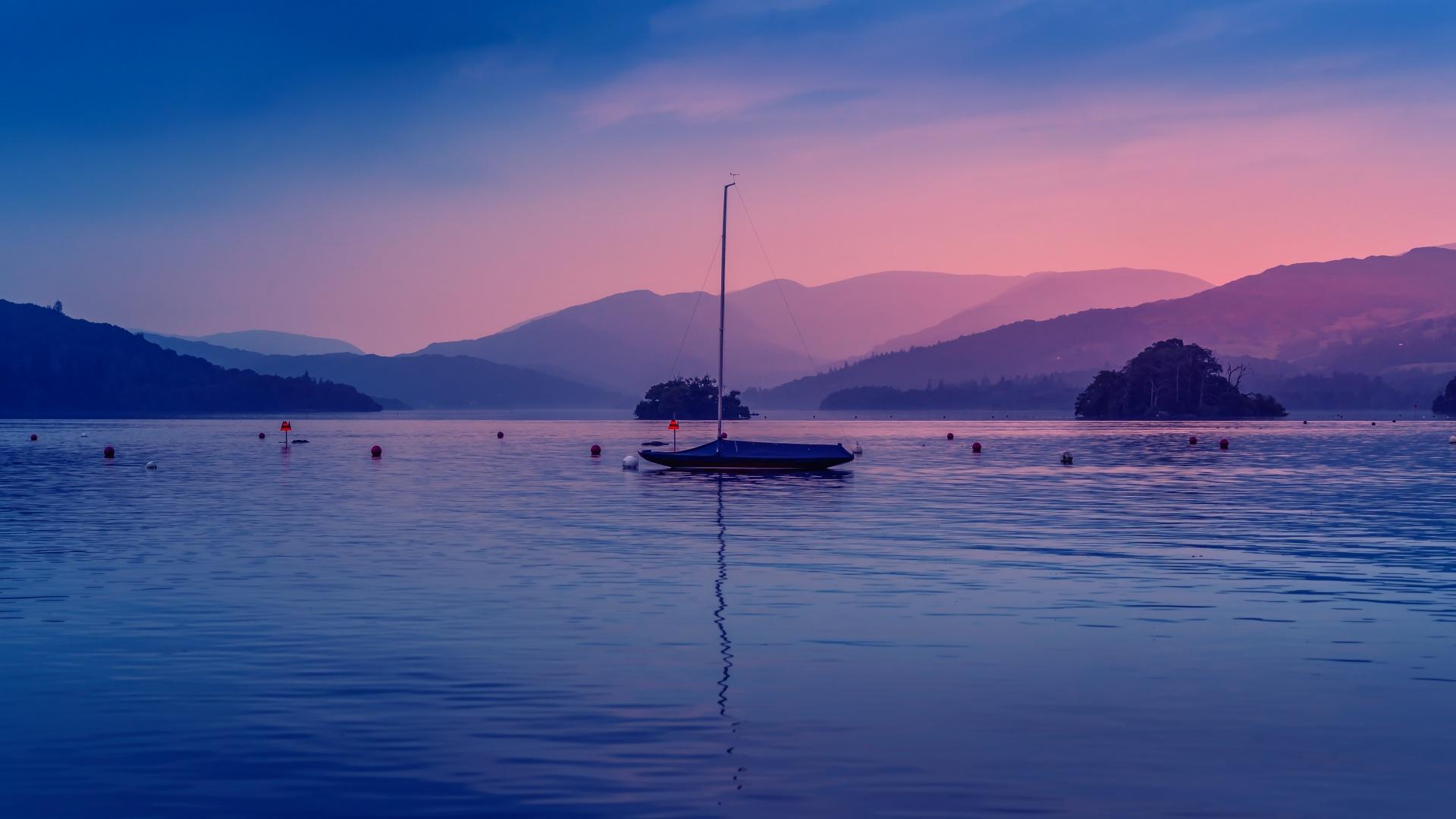 1920x1080 Windemere lake Wallpaper 4K, Boat, Bowness Bay, Dawn, Body of Water, Evening, Nature