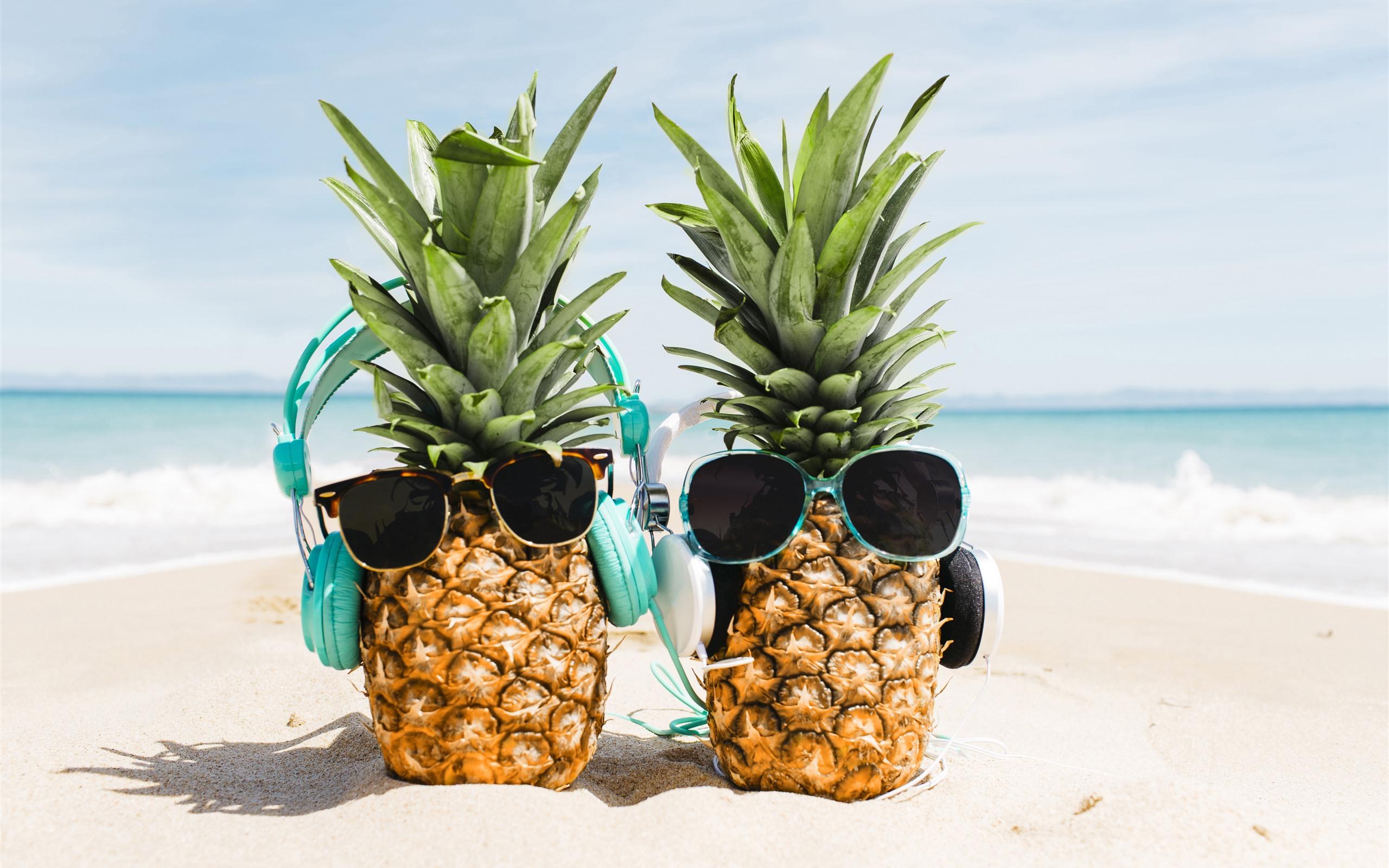 2560x1600 Wallpaper Two pineapples, sunglasses, beach, funny picture 5120x2880 UHD 5K Picture, Image