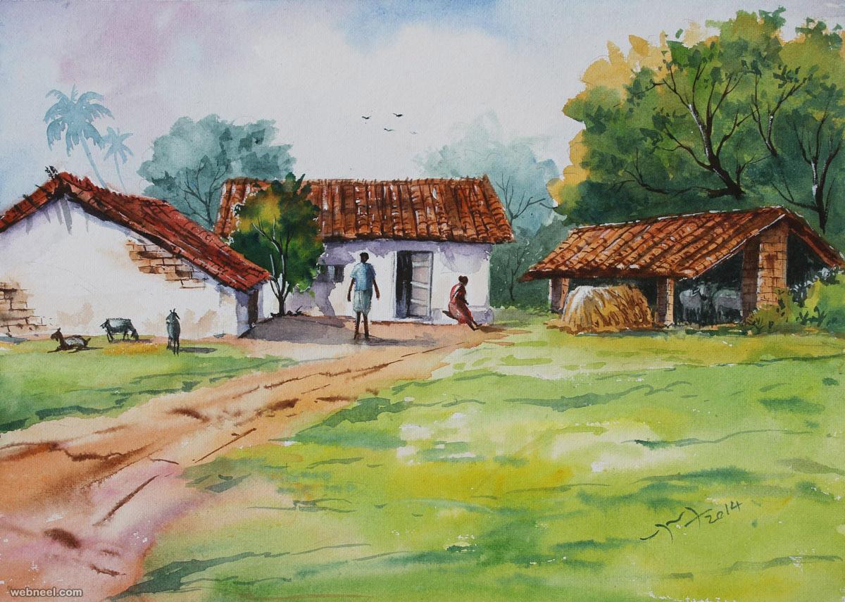 1200x855 Beautiful Village Scenery Painting