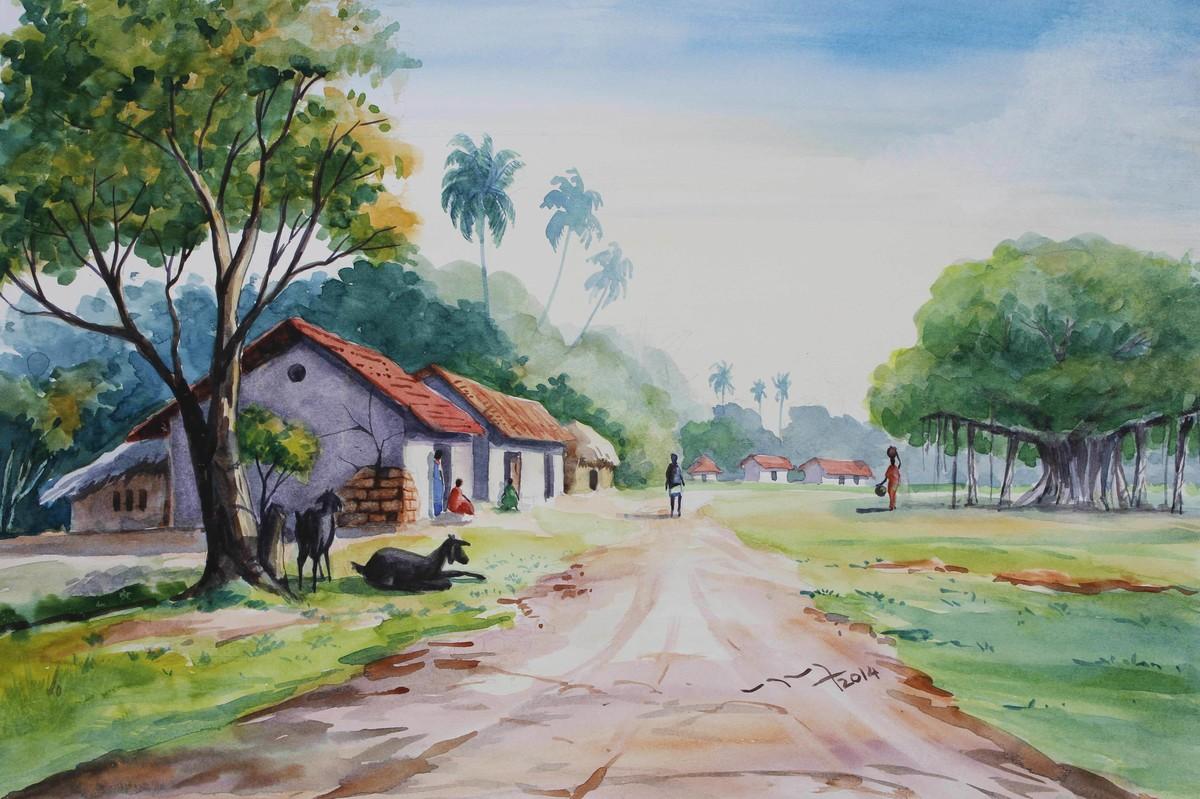 1200x799 Landscape Beautiful Village Scenery Painting