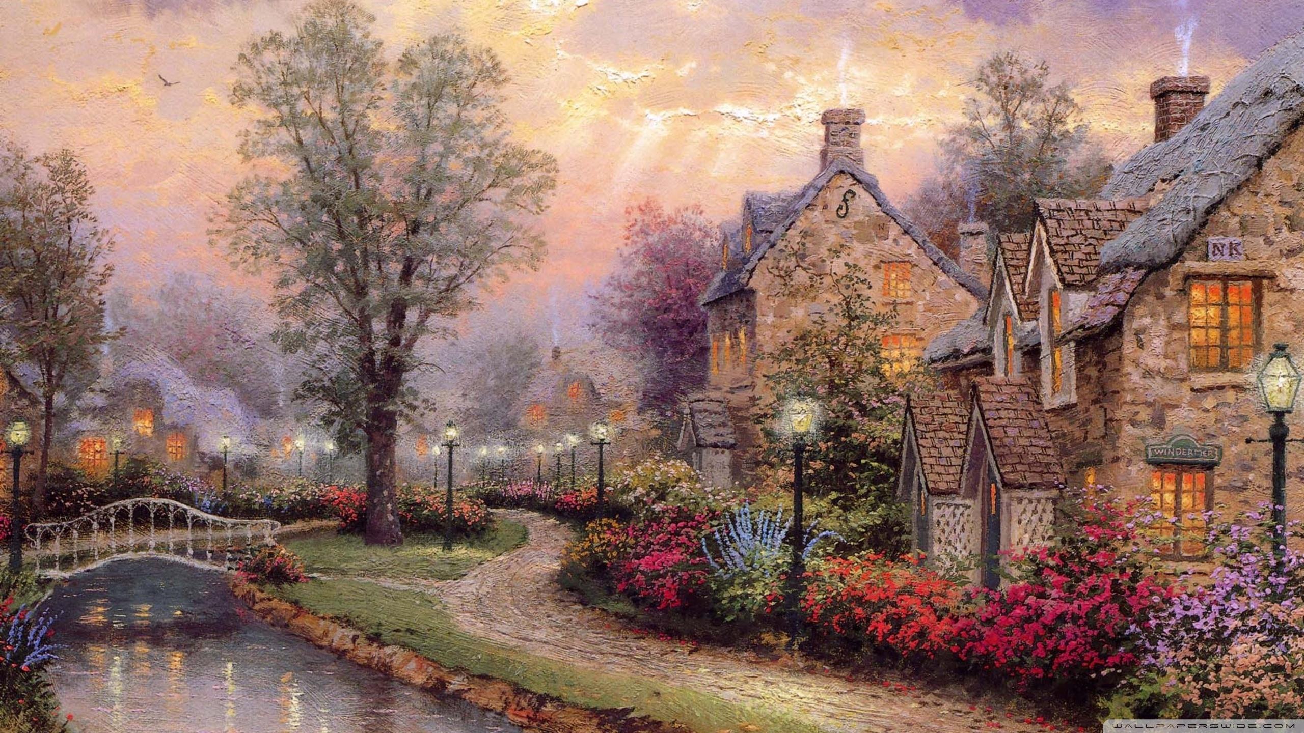 2560x1440 Village Painting by Thomas Kinkade Ultra HD Desktop Background Wallpaper for 4K UHD TV : Multi Display, Dual Monitor : Tablet