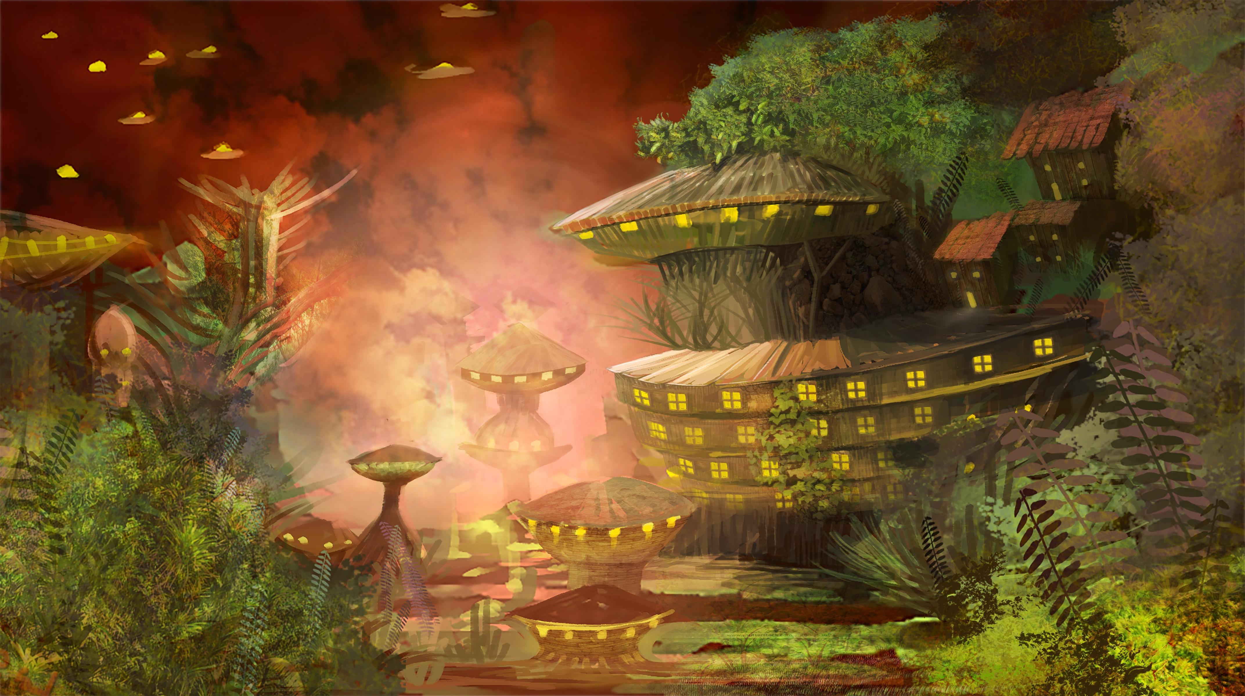 4288x2400 Digital Art Fantasy Art Painting Futuristic Futuristic City Village Aliens Trees Nature 4288x2400 UHD Wallpaper. Walldump HD and UHD Wallpaper