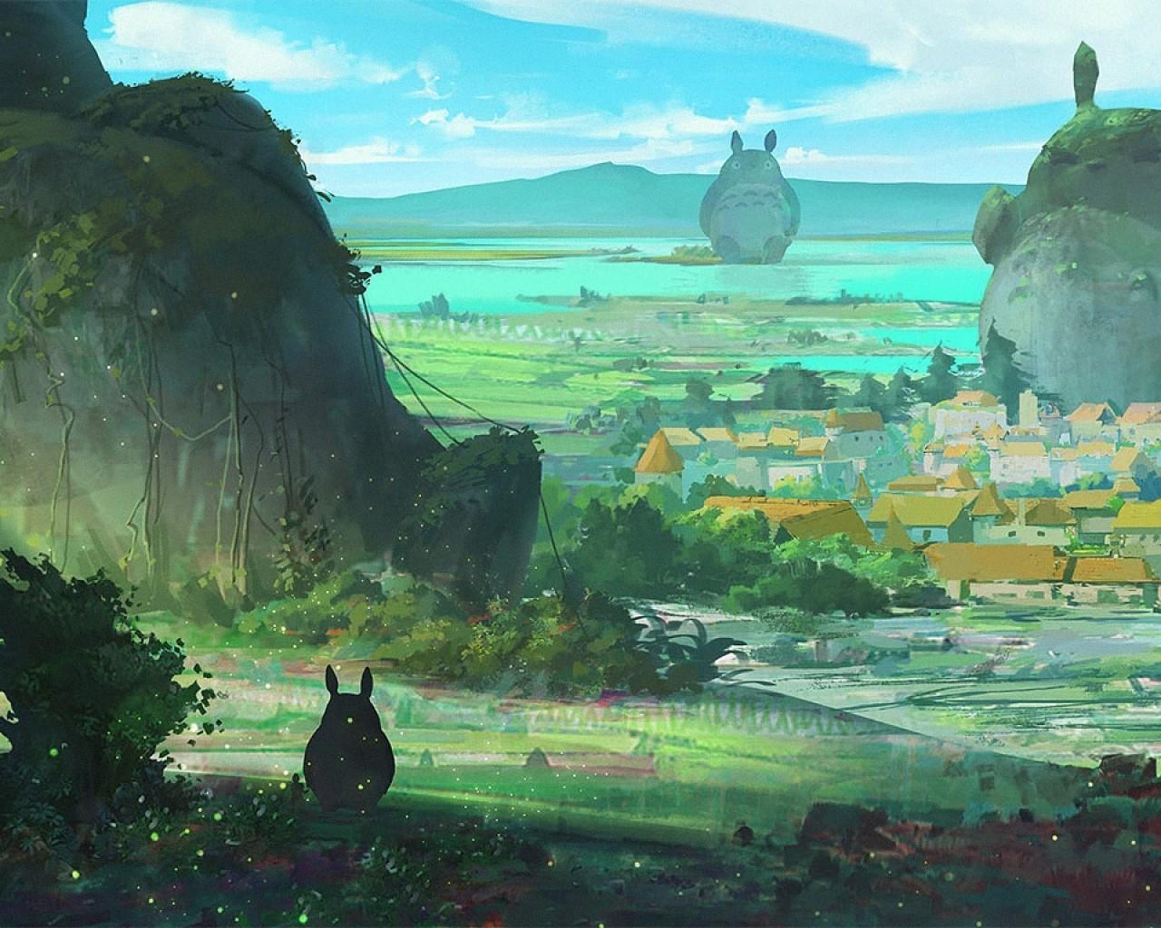 1280x1024 Download 1280x1024 Totoro, Village, Painting, Mountain, Statue Wallpaper
