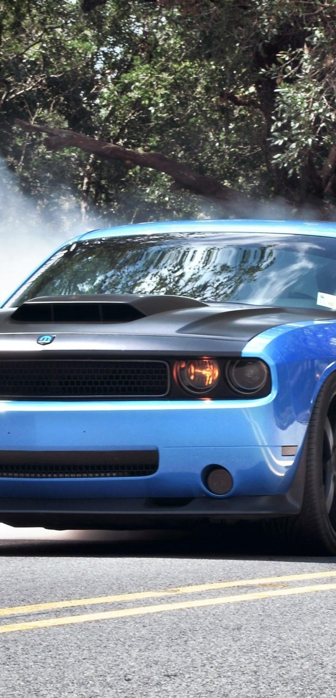 1080x2240 Download 1080x2240 Dodge Challenger, Front View, Burnout, Blue, Cars Wallpaper for Huawei P20 Pro