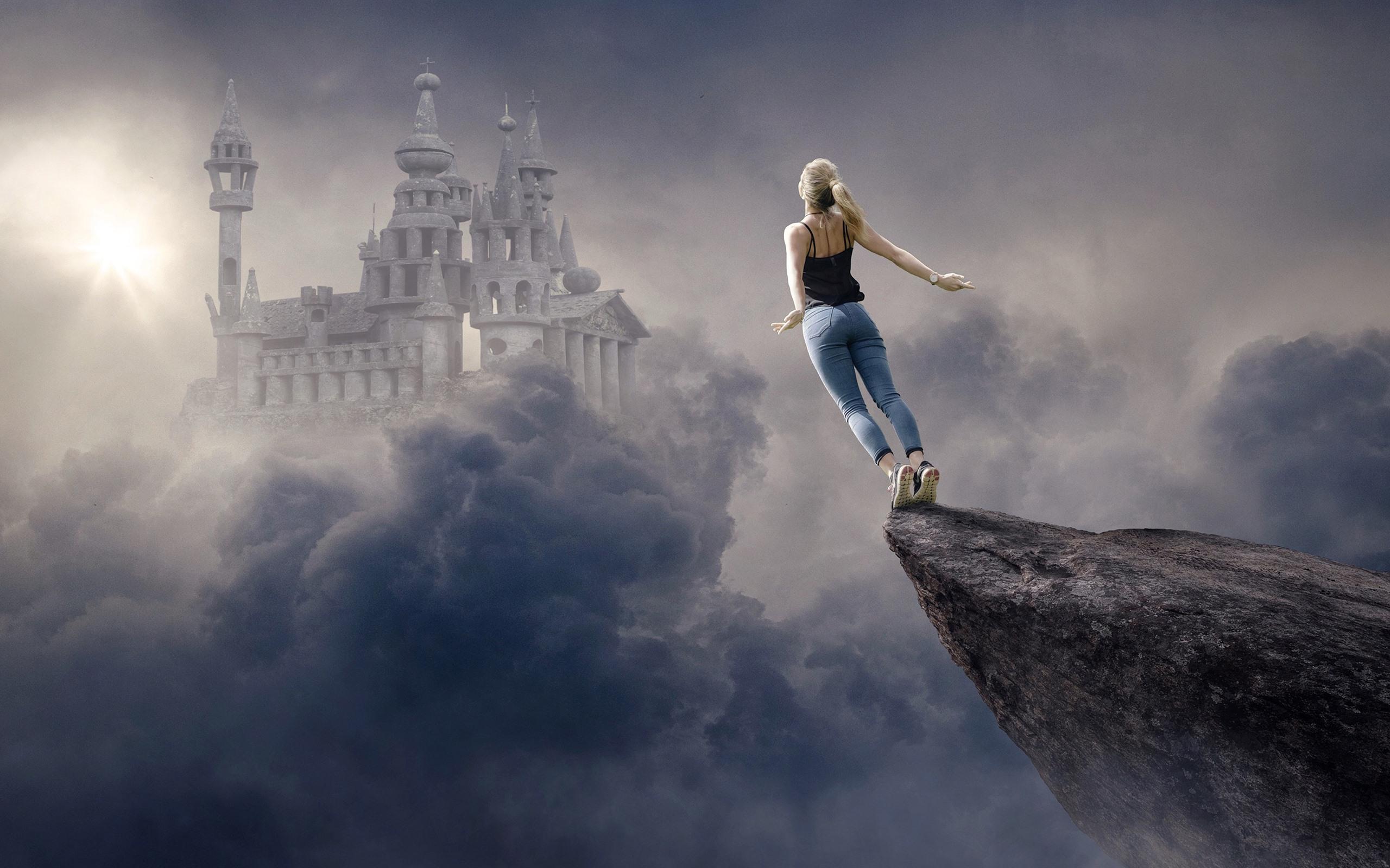 2560x1600 Wallpaper Girl Want To Fly, Clouds, Castle, Creative - Девушка В Позе Полет