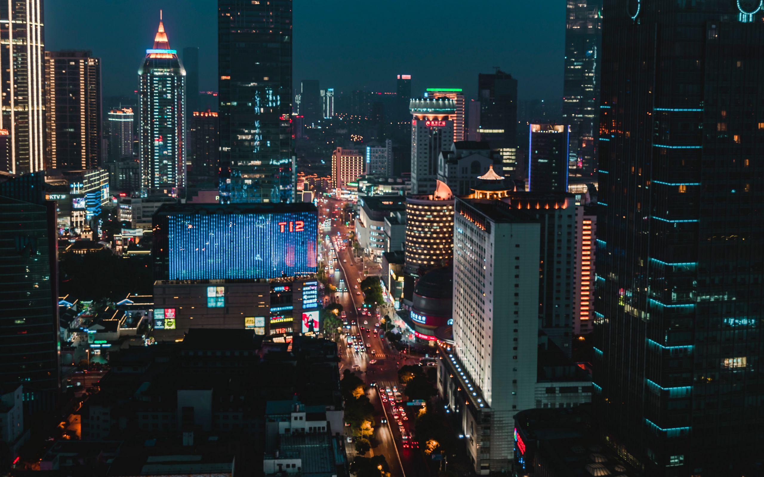 2560x1600 Download wallpaper 2560x1600 night city, aerial view, buildings, architecture, street, height, overview widescreen 16:10 HD background