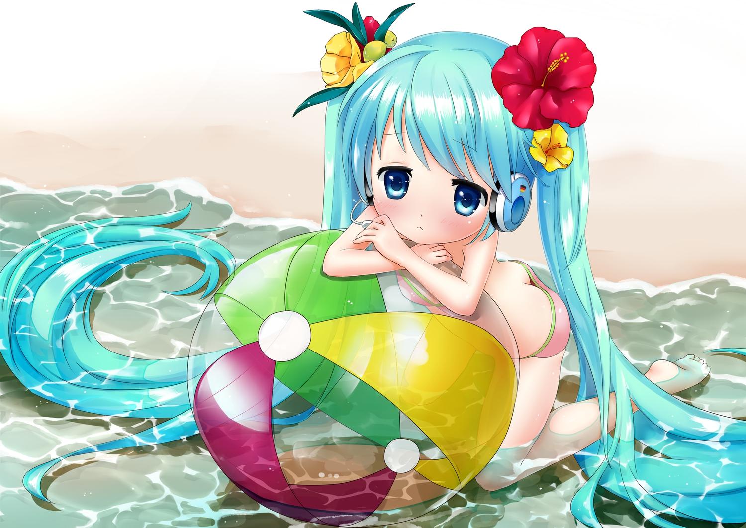 1500x1062 ball barefoot beach bikini blue eyes blue hair hatsune miku headphones loli long hair swimsuit vocaloid water yuunagi show. konachan.com.com Anime Wallpaper