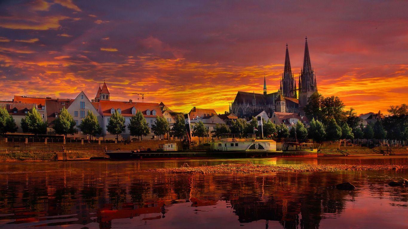 1366x768 Download Wallpaper 1366x768 Regensburg, Germany, Sunset, Cityscape lapx768 HD Background. City wallpaper, City art, Regensburg