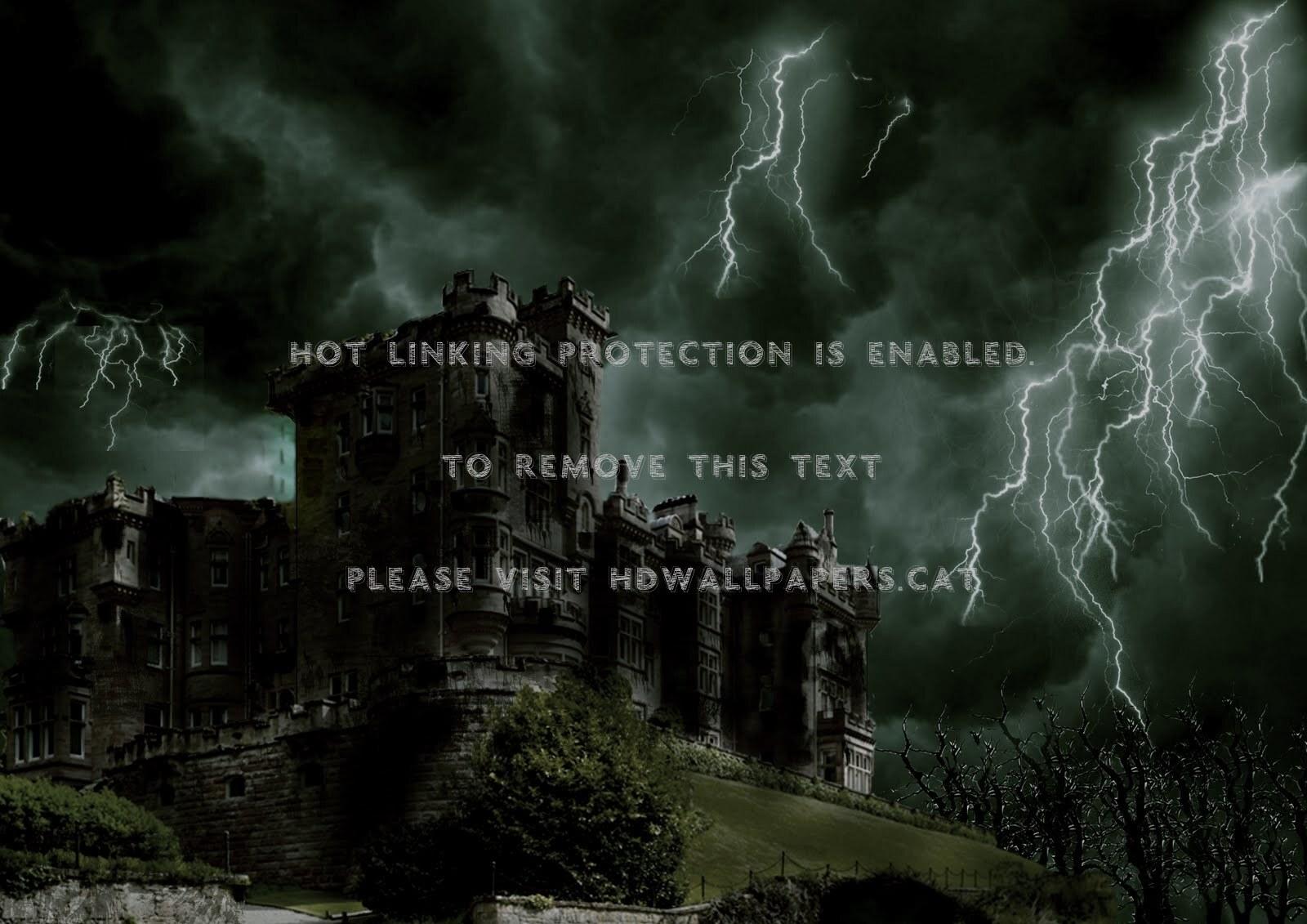 1600x1131 spooky castle windows trees lightning black