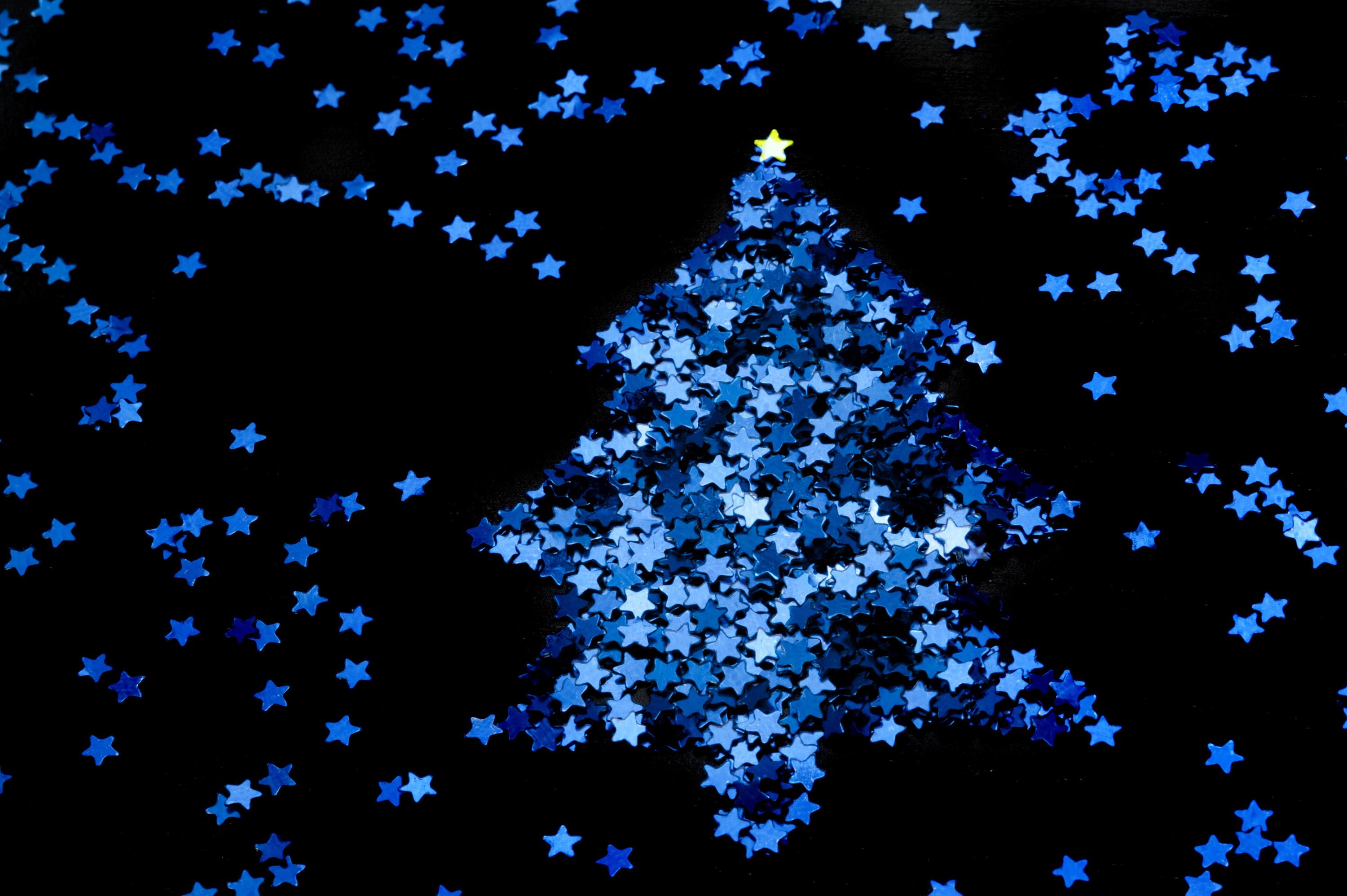 3000x1996 #Blue stars, #Christmas tree, #Dark background. Mocah HD Wallpaper