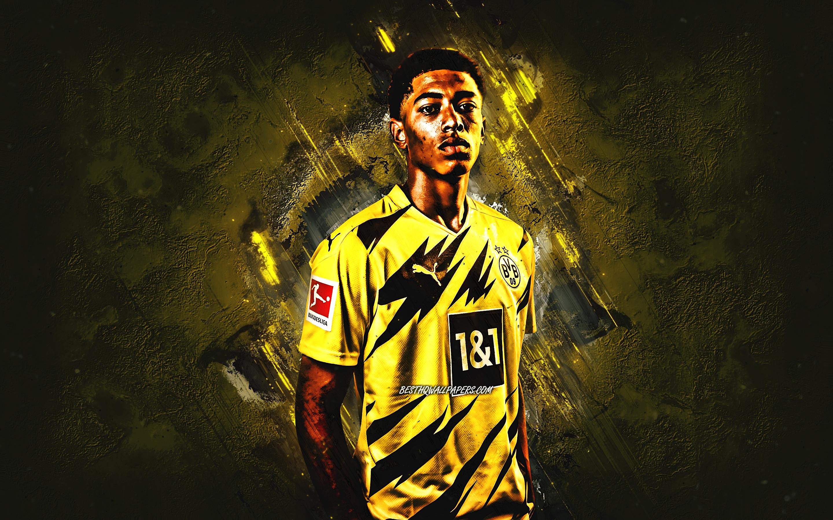 2880x1800 Download wallpaper Jude Bellingham, Borussia Dortmund, BVB, english footballer, midfielder, portrait, yellow stone background, football, Bundesliga for desktop with resolution 2880x1800. High Quality HD picture wallpaper