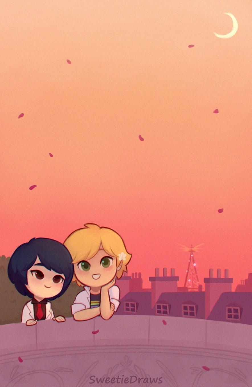 885x1358 Supet cute phone wallpaper with Cat Blanc, Marinette and Luka on bike, and Kagami and Adrien