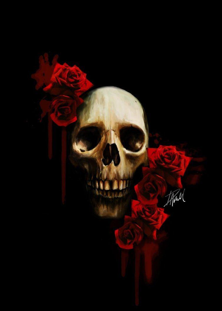 755x1057 Black Skull with Rose Wallpaper