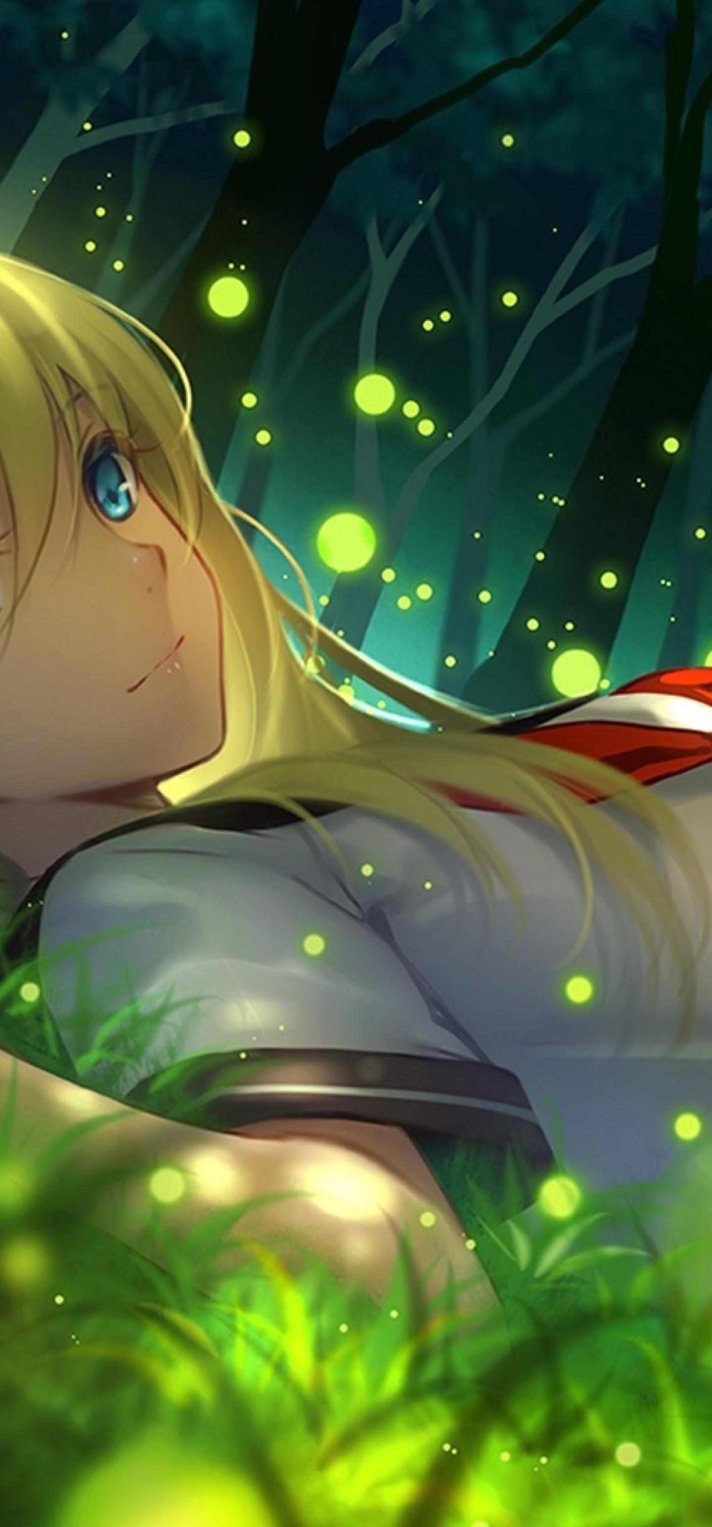 1440x3088 Download 1440x3088 Anime Girl, Fireflies, School Uniform, Lying Down, Scenic, Forest, Light Wallpaper for Samsung Galaxy Note 20 Ultra