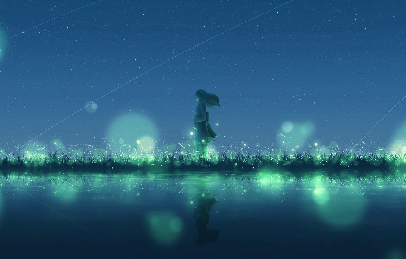1332x850 Wallpaper water, girl, night, fireflies image for desktop, section арт