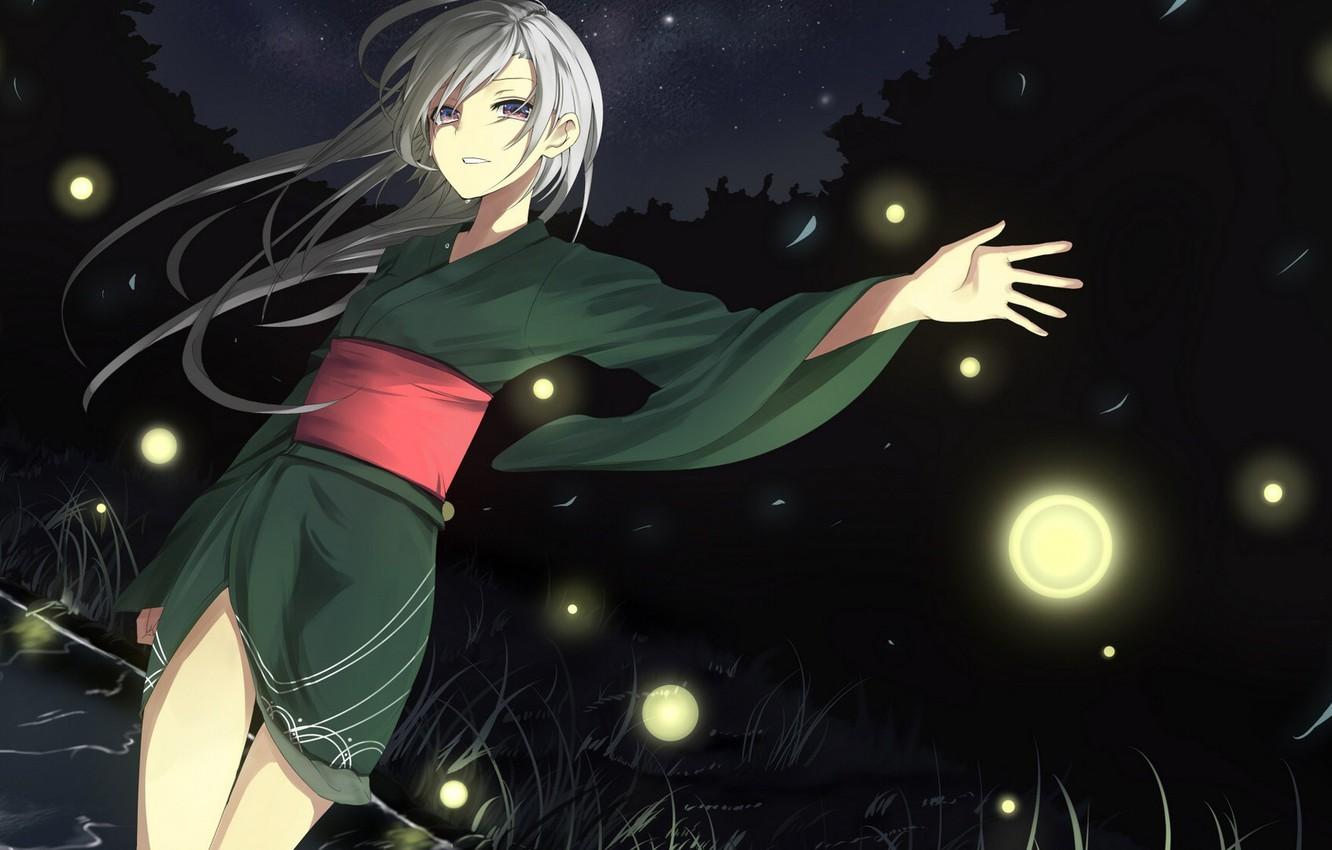 1332x850 Wallpaper girl, night, river, fireflies, anime, lights, art, kimono image for desktop, section прочее