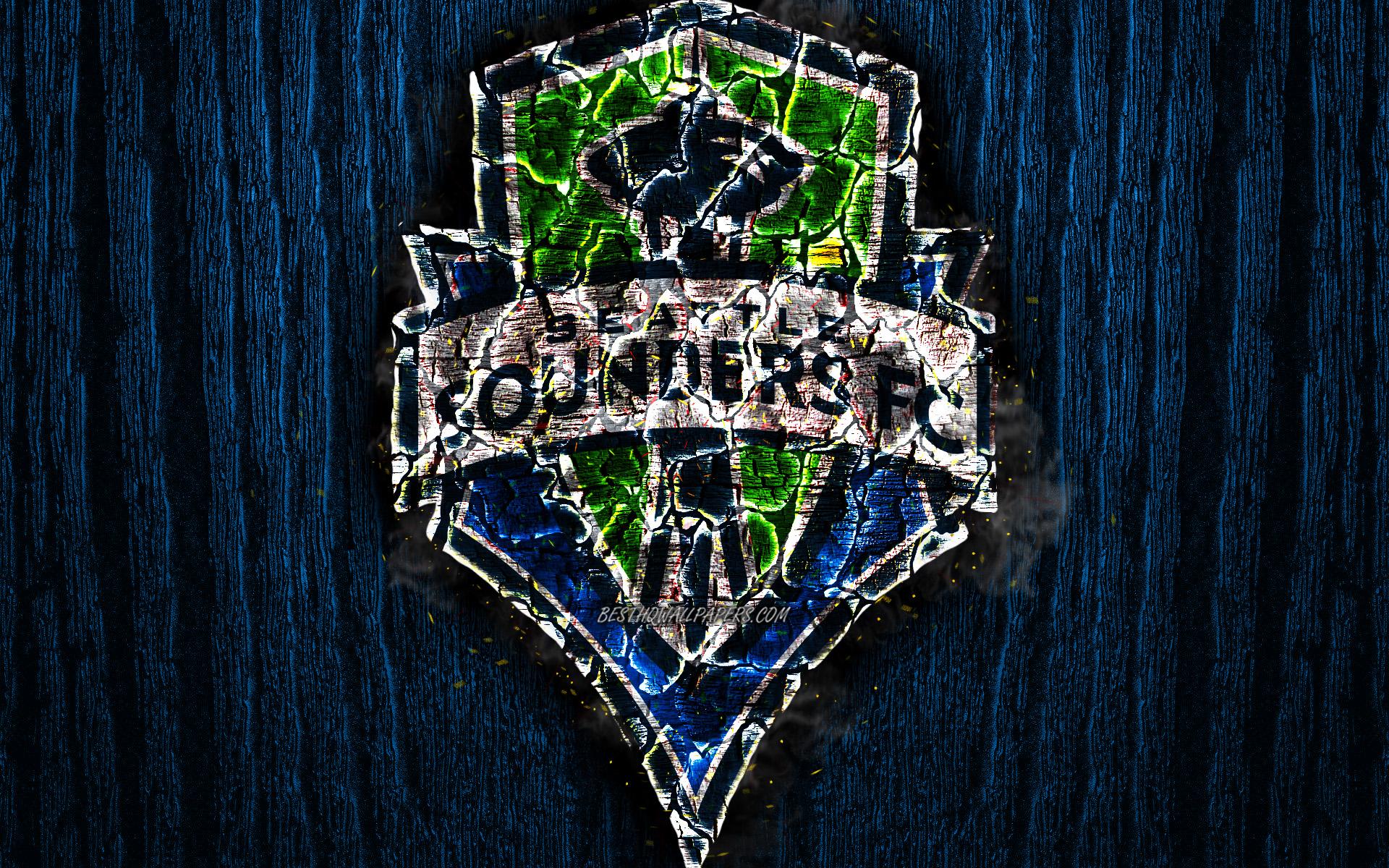 1920x1200 Download wallpaper Seattle Sounders FC, scorched logo, MLS, blue wooden background, Western Conference, american football club, grunge, Major League Soccer, football, soccer, Seattle Sounders logo, fire texture, USA for desktop with resolution