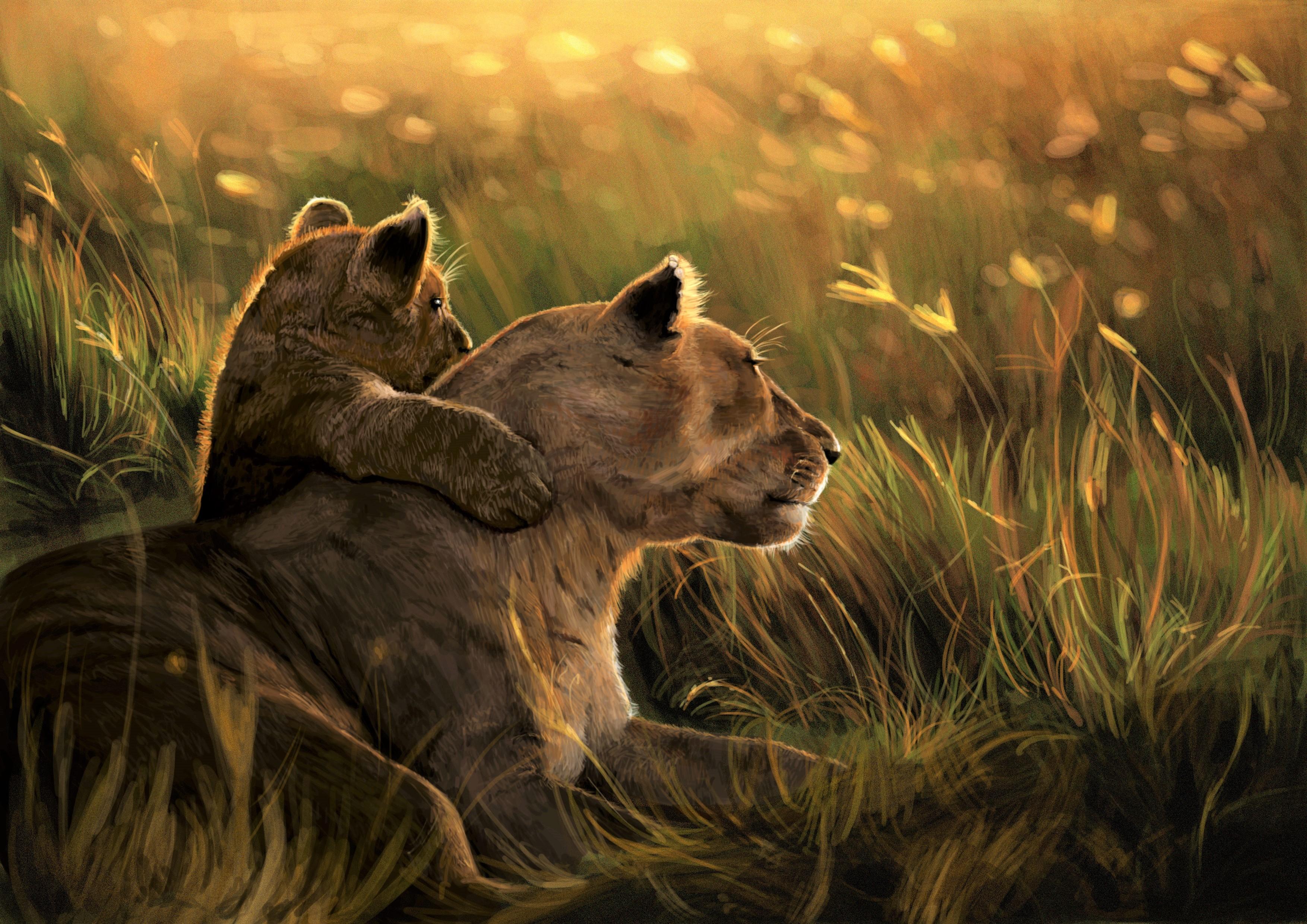 3508x2481 Lion Cub Hugging Her Mother HD Wallpaper