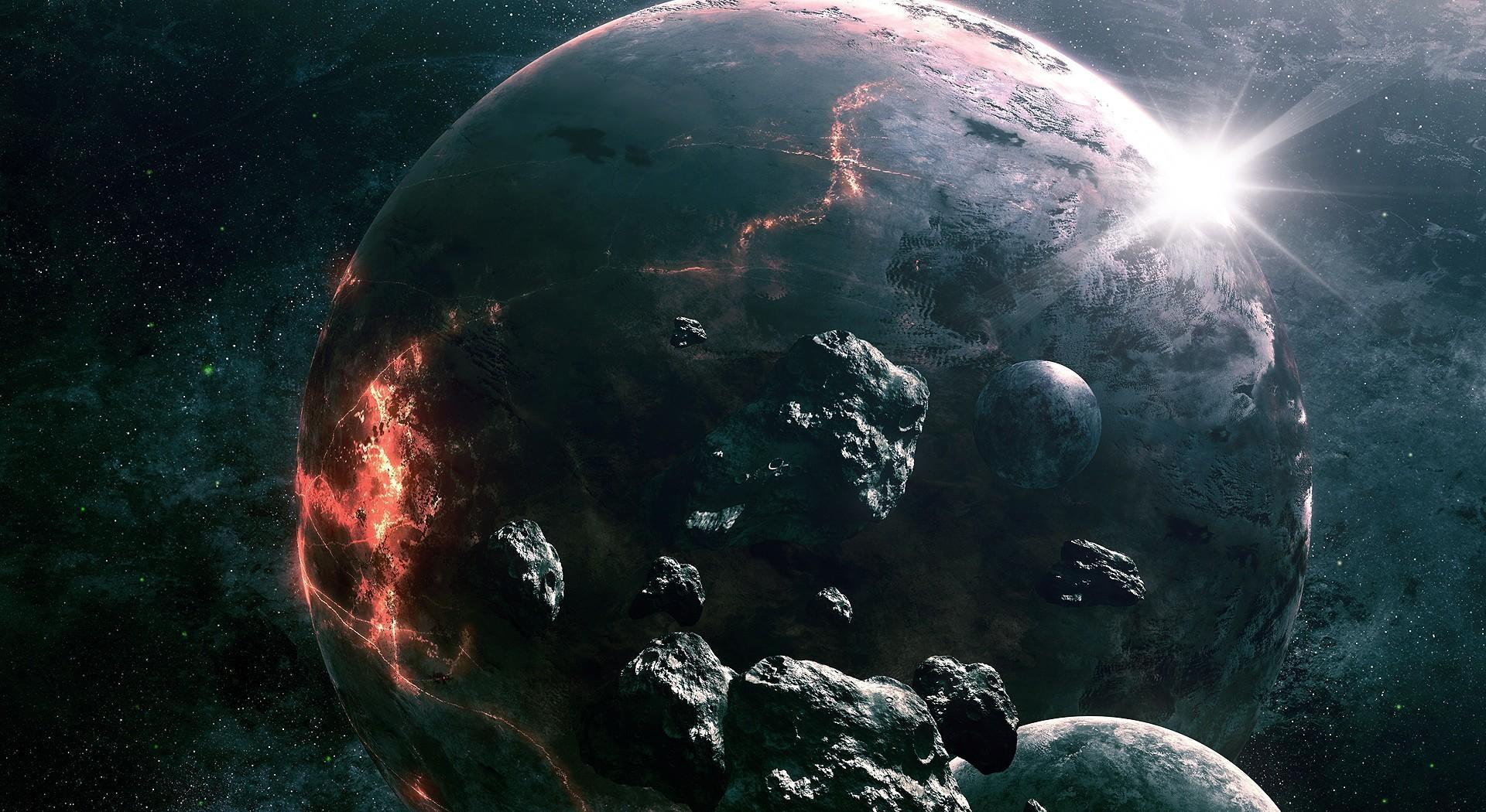 1920x1050 Download wallpaper 1920x1050 asteroids, planets, collision, light, space HD background