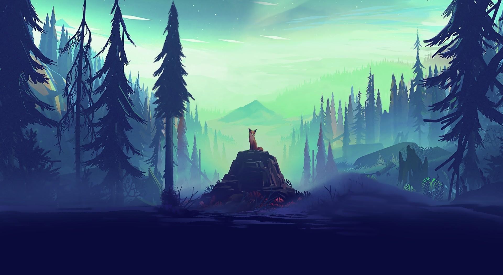 1920x1050 Download 1920x1050 Fox, Flat Landscape, Forest, Trees, Nature Wallpaper