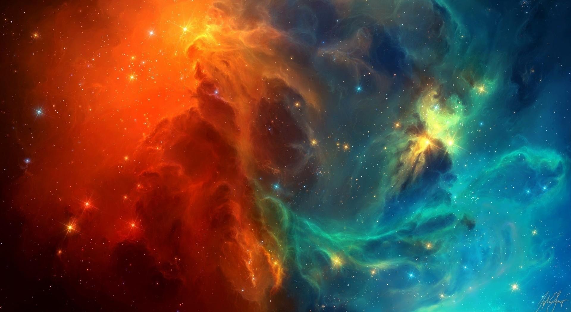 1920x1050 Download 1920x1050 Nebula, Orange, Stars, Blue, Galaxy Wallpaper