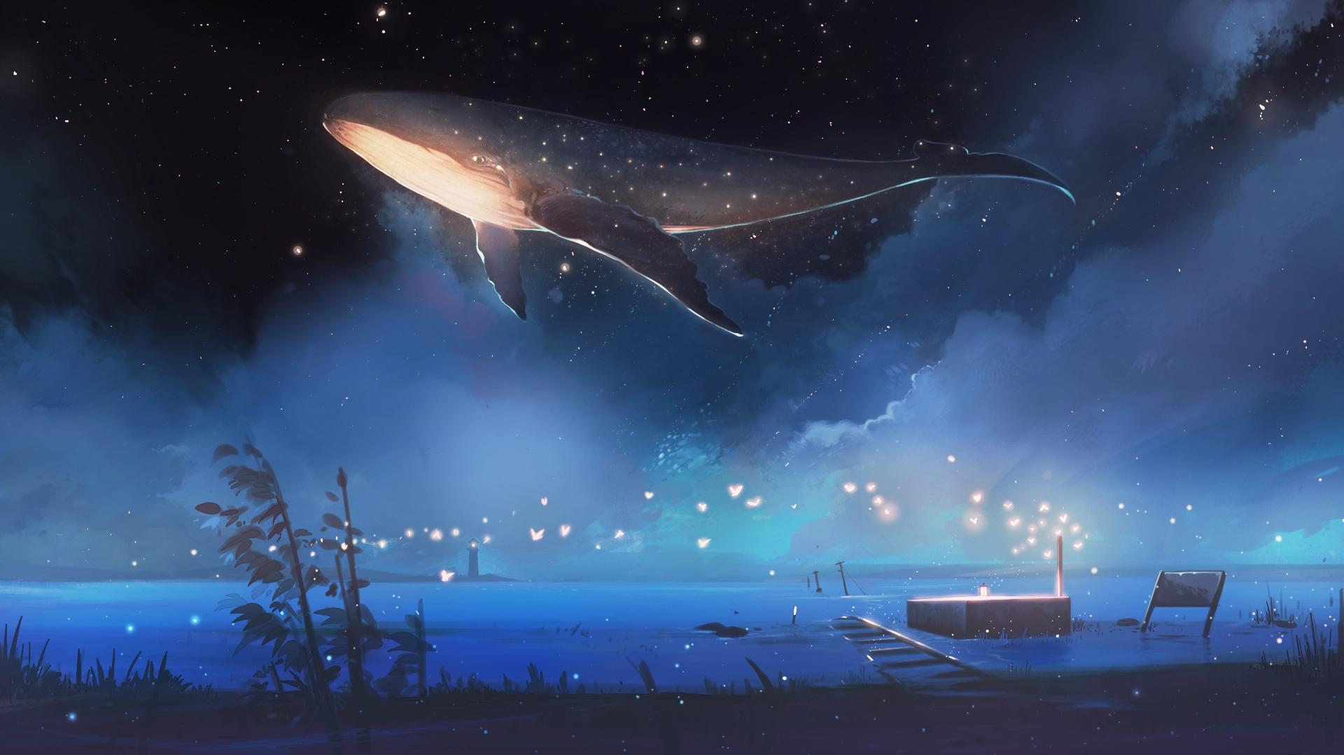 1920x1079 Download 1920x1079 Whale, Anime Landscape, Boat, Lake, Night, Scenic, Artwork Wallpaper