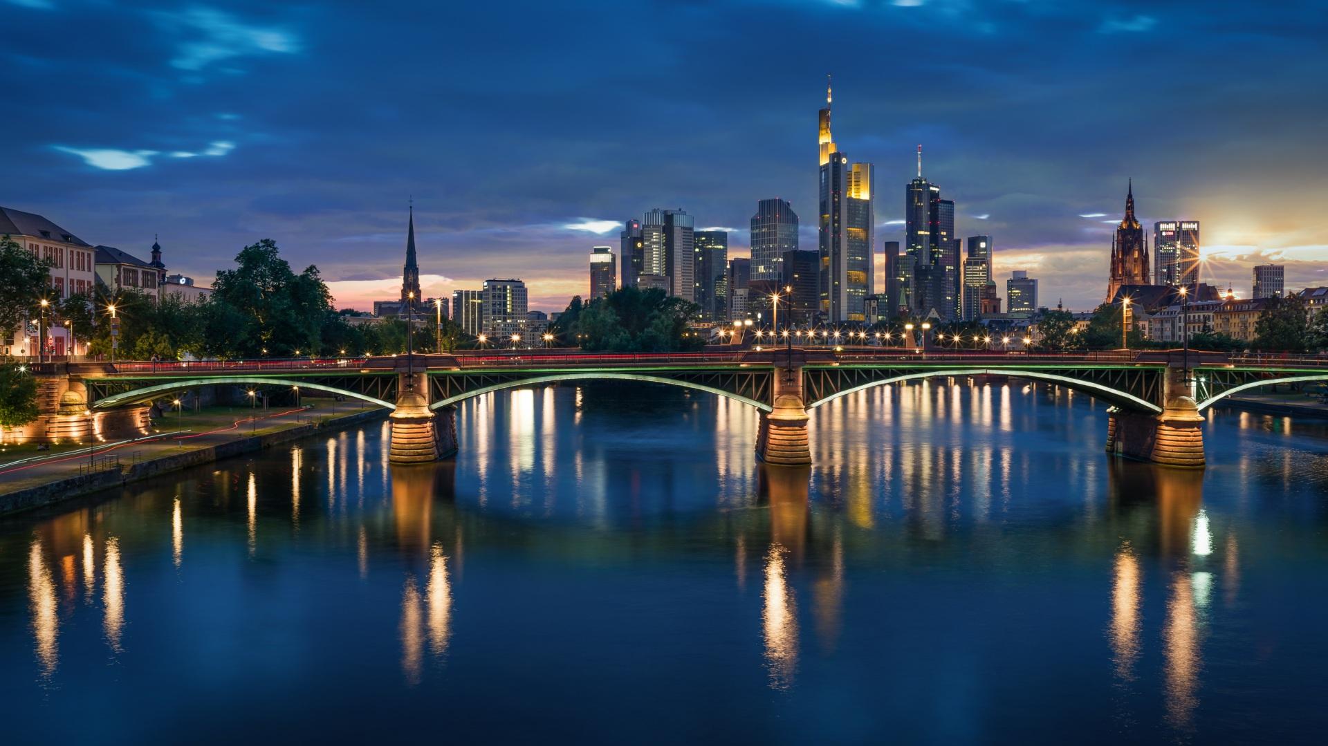 1920x1079 Wallpaper Frankfurt Germany Bridges river Night Cities 1920x1079