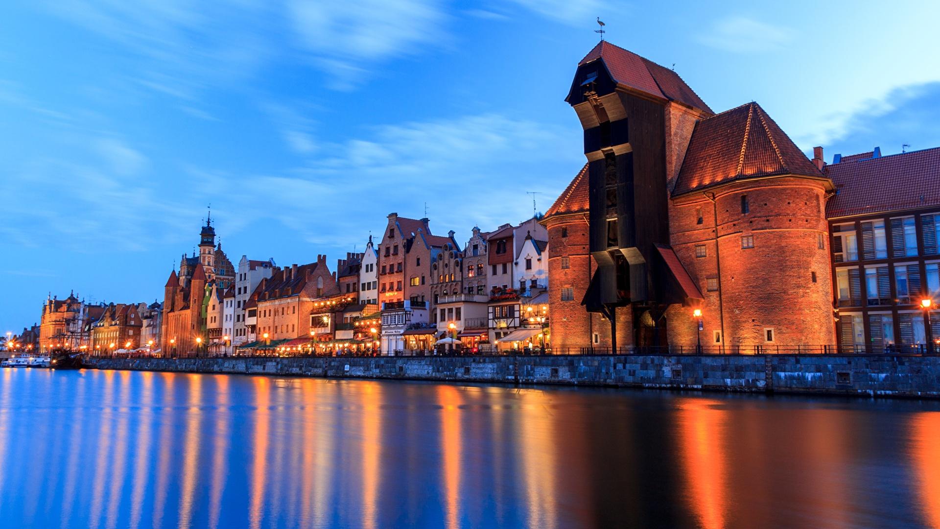 1920x1080 Wallpaper Gdańsk Poland Rivers Evening Waterfront Cities 1920x1080