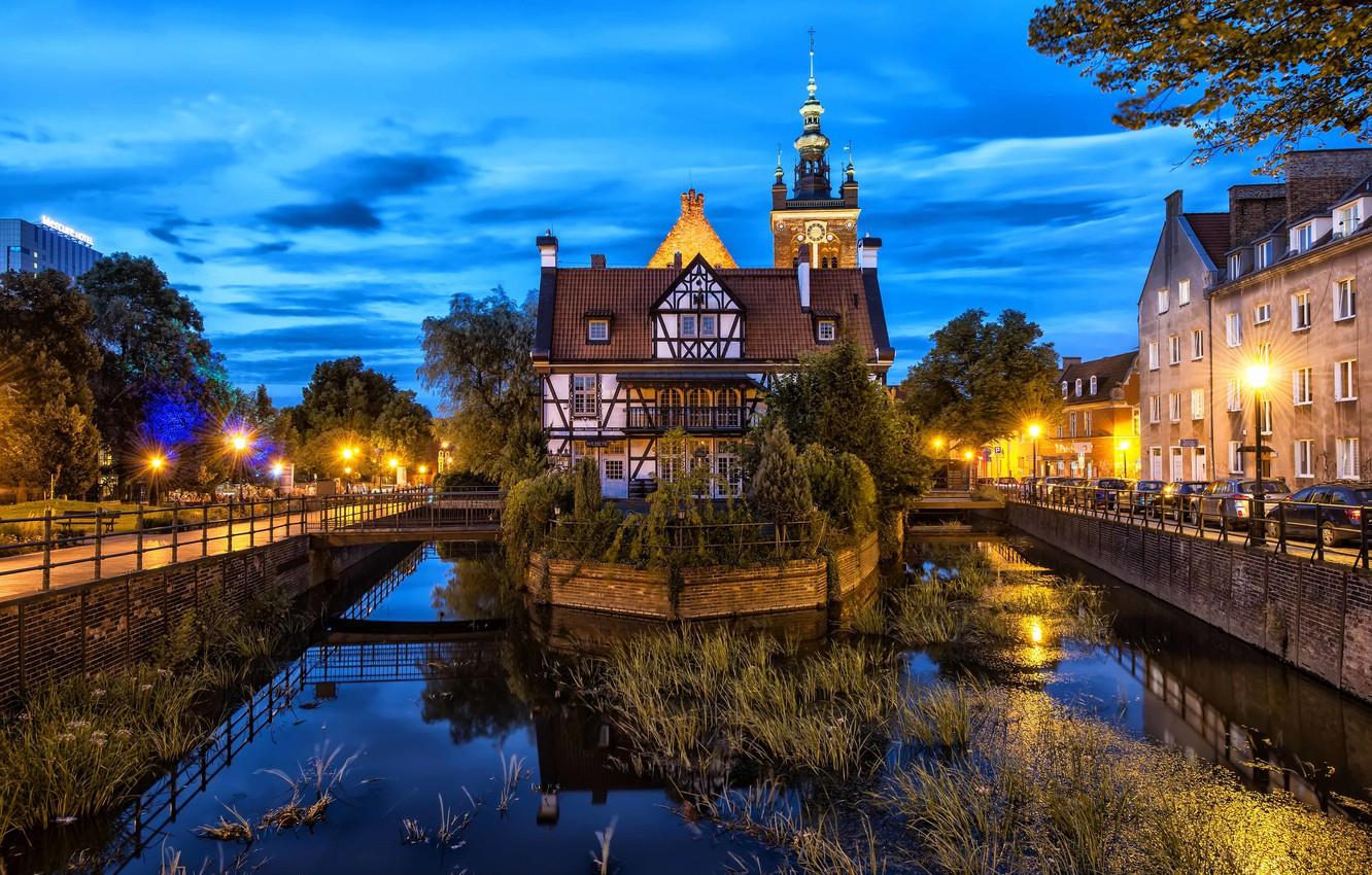 1332x850 Wallpaper lights, the evening, Poland, channel, Gdansk image for desktop, section город