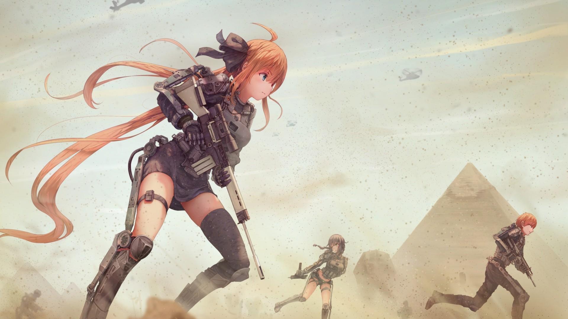 1920x1080 Download 1920x1080 Anime Girls, Boy, Battlefield, Pyramid, Guns Wallpaper for Widescreen