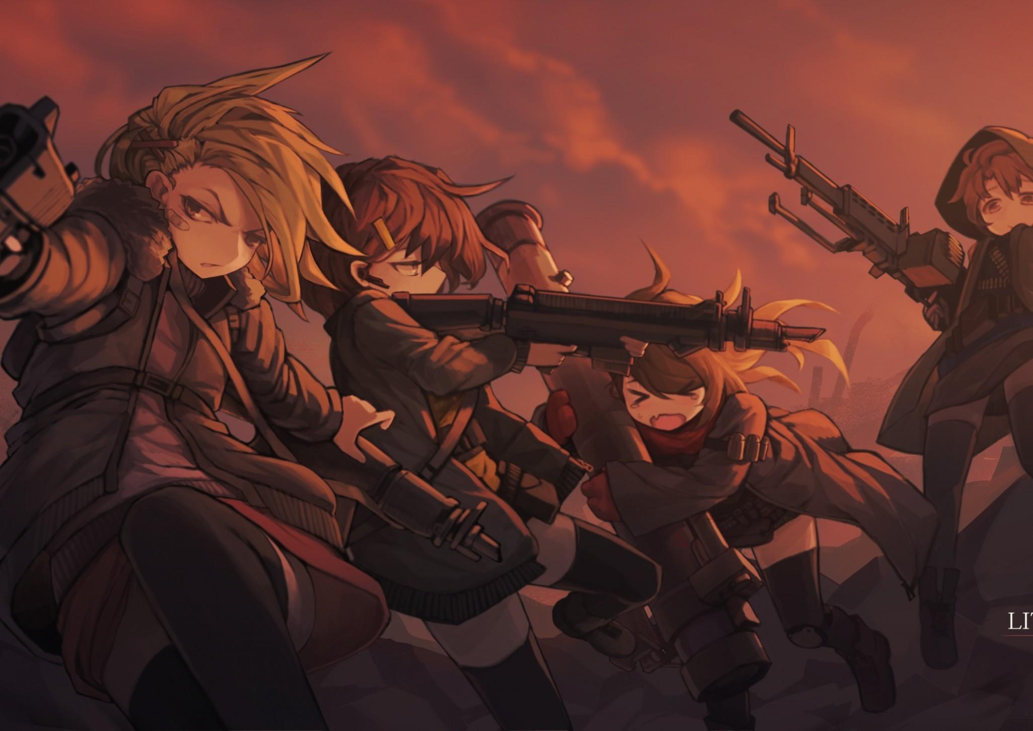 2053x1453 Download 2053x1453 Anime Girls, Battlefield, Guns, Sunset, Scenic, Clouds, Little Soldiers, Loli, Hoodie Wallpaper