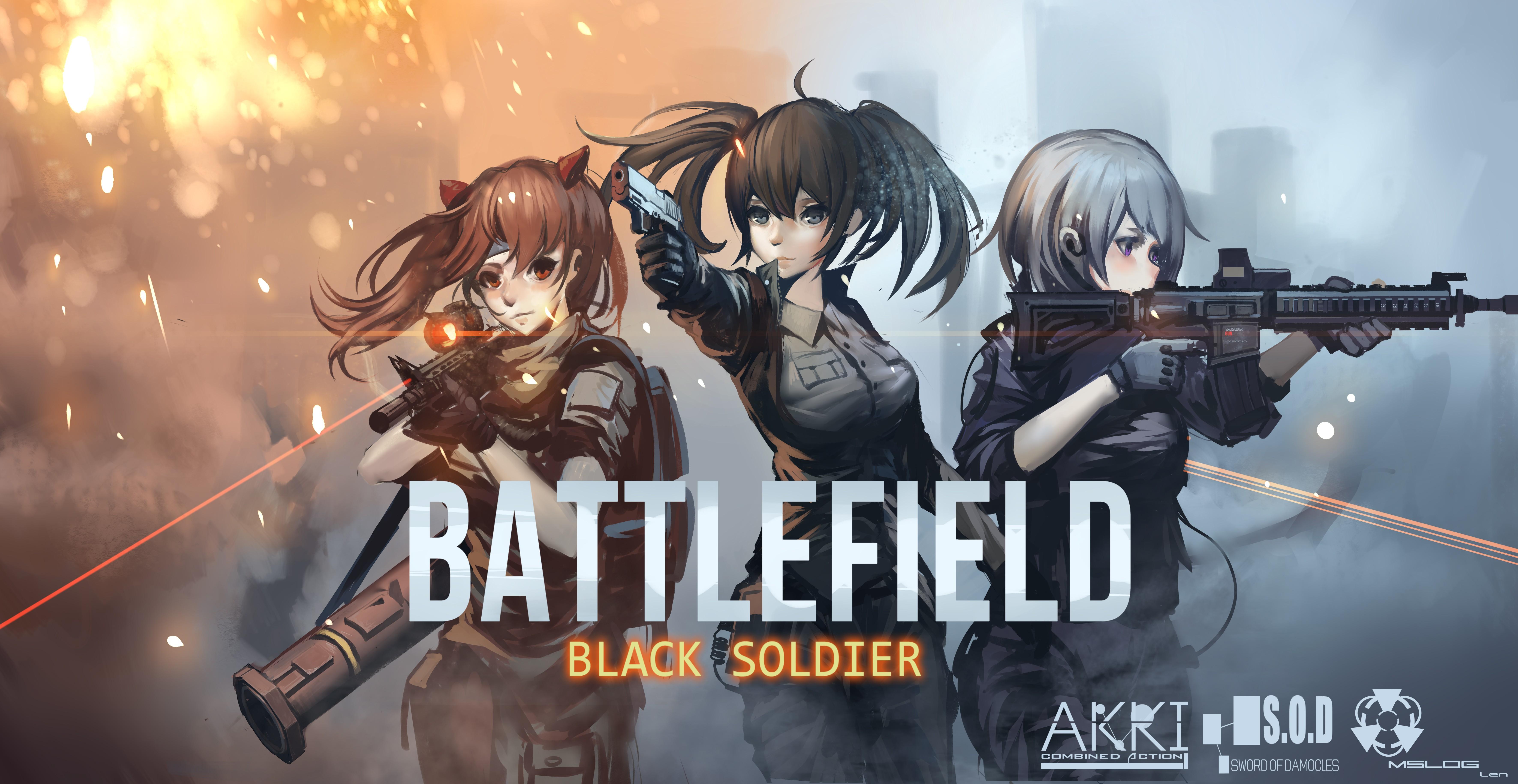 7086x3661 #gun, #brown eyes, #anime girls, #video games, #animal ears, #purple eyes, #brunette, #Battlefield, #weapon, #short hair, #anime, #long hair, #grey hair, #black hair, #Black Soldier, wallpaper. Mocah HD Wallpaper