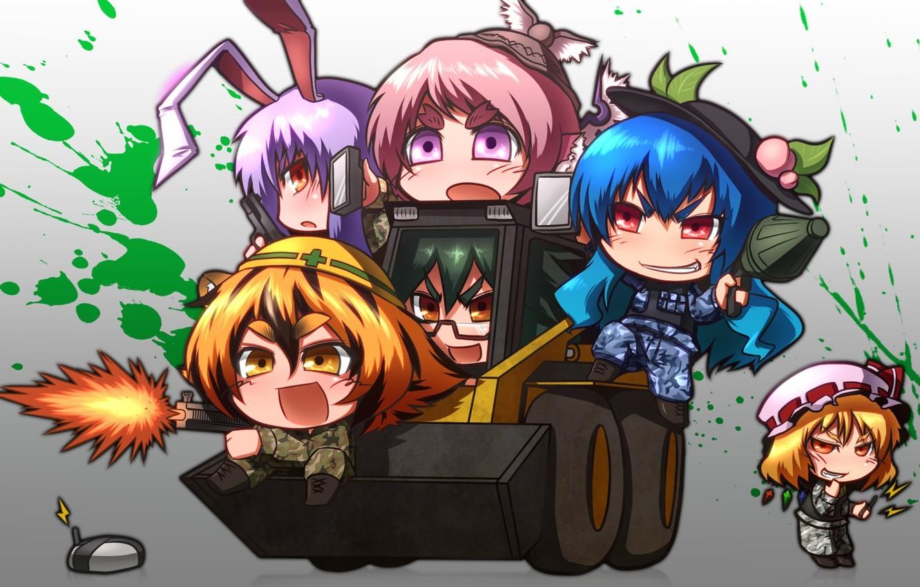 1332x850 Wallpaper girl, gun, pistol, game, soldiers, weapon, anime, chibi, cross, Battlefield, crossover, Battlefield rifle, Touhou, group, bulletprof vest image for desktop, section сёдзё