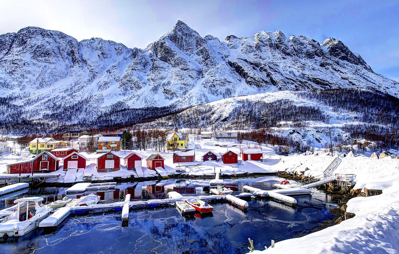 1332x850 Wallpaper winter, the sky, clouds, snow, mountains, home, Bay, Norway image for desktop, section пейзажи
