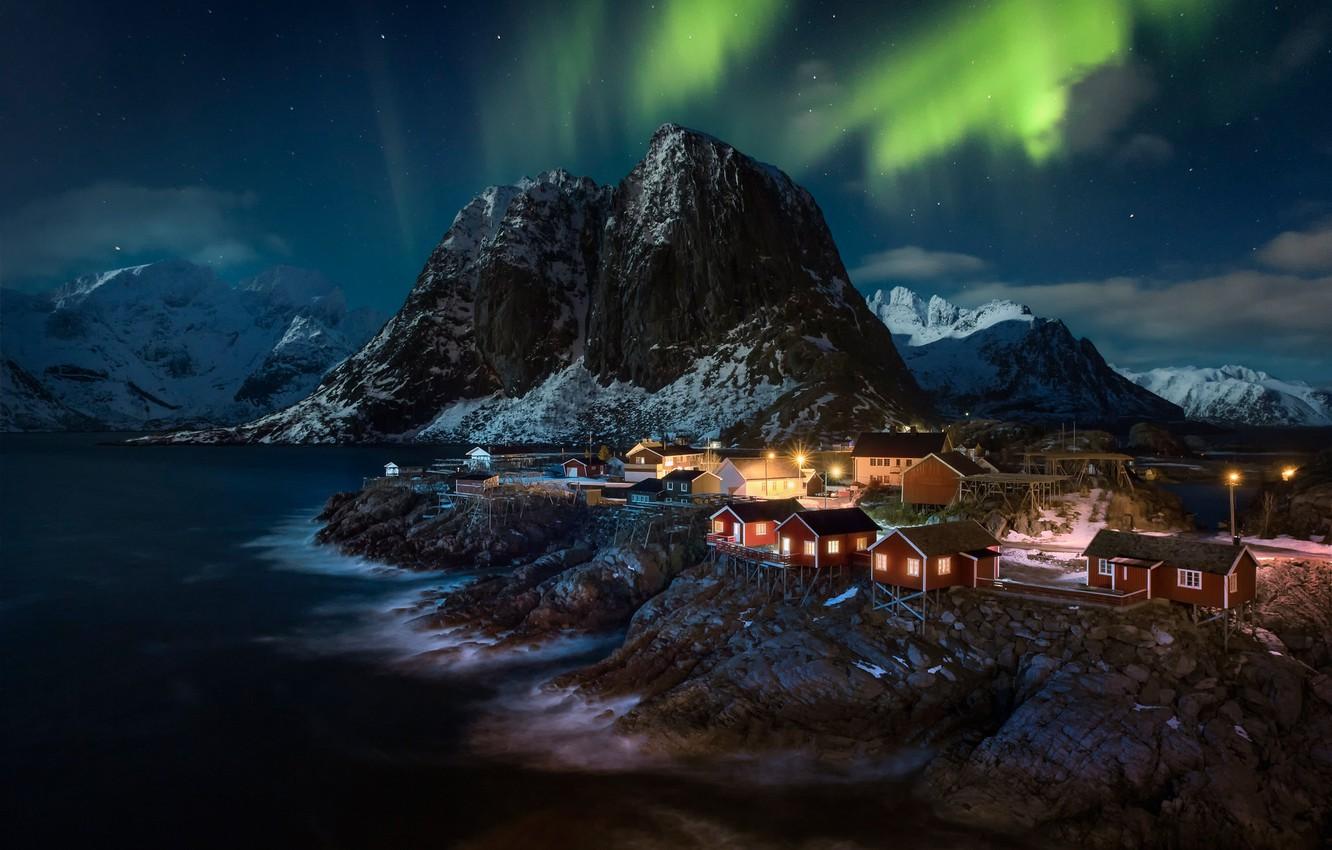 1332x850 Wallpaper mountains, night, home, Northern lights, village, Norway, Norway, the fjord, The Lofoten Islands, Lofoten, Hamnøy, Hamnøy, Vestfjorden, The vest fjord image for desktop, section пейзажи