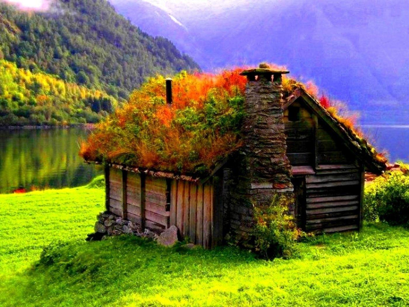 1400x1050 Small cottage in the middle of the beautiful nature. Beautiful Nature Landscapes Desktop Wallpaper. Awsome Landsc. Grass roof, Off grid homes, Beautiful cottages