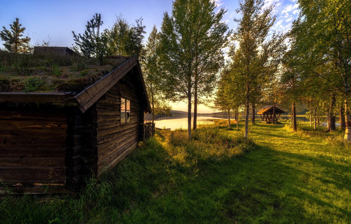 1332x850 Wallpaper trees, lake, house, shore, Norway, gazebo, hut, Hedmark County, Vestby image for desktop, section пейзажи