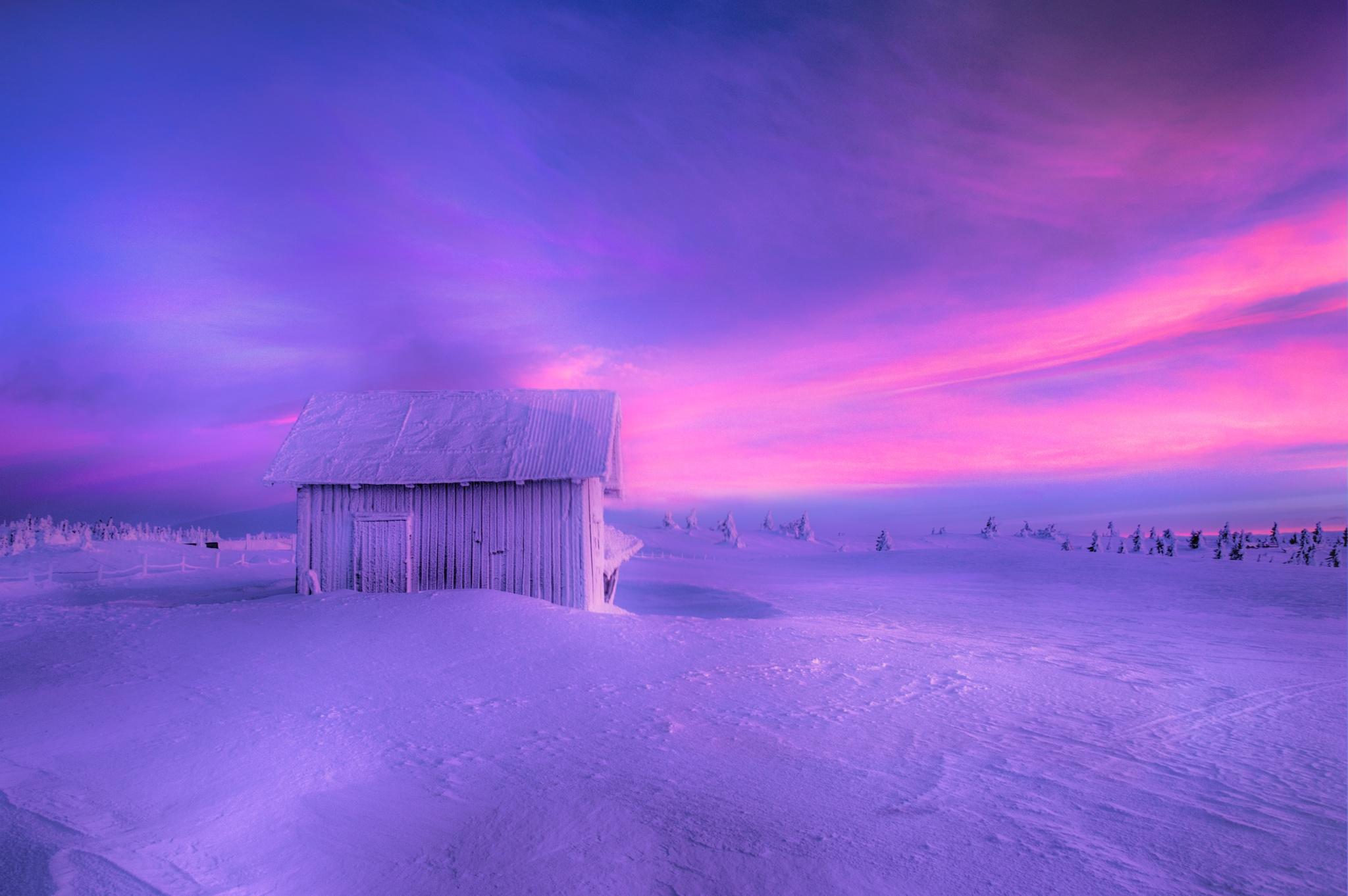 2048x1362 beautiful, cabin, snowy field, sky, sunrise, cold, winter, snow, clouds, Norway wallpaper