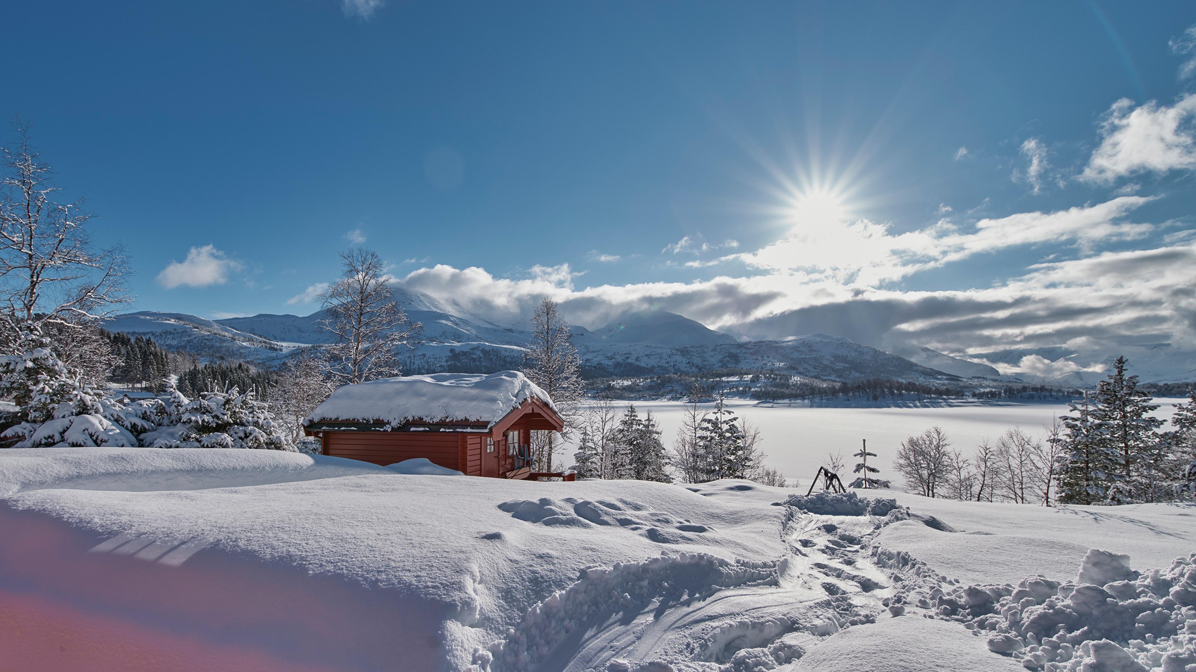 3840x2160 Desktop Wallpaper Norway Sun Winter Nature Snow Building 3840x2160