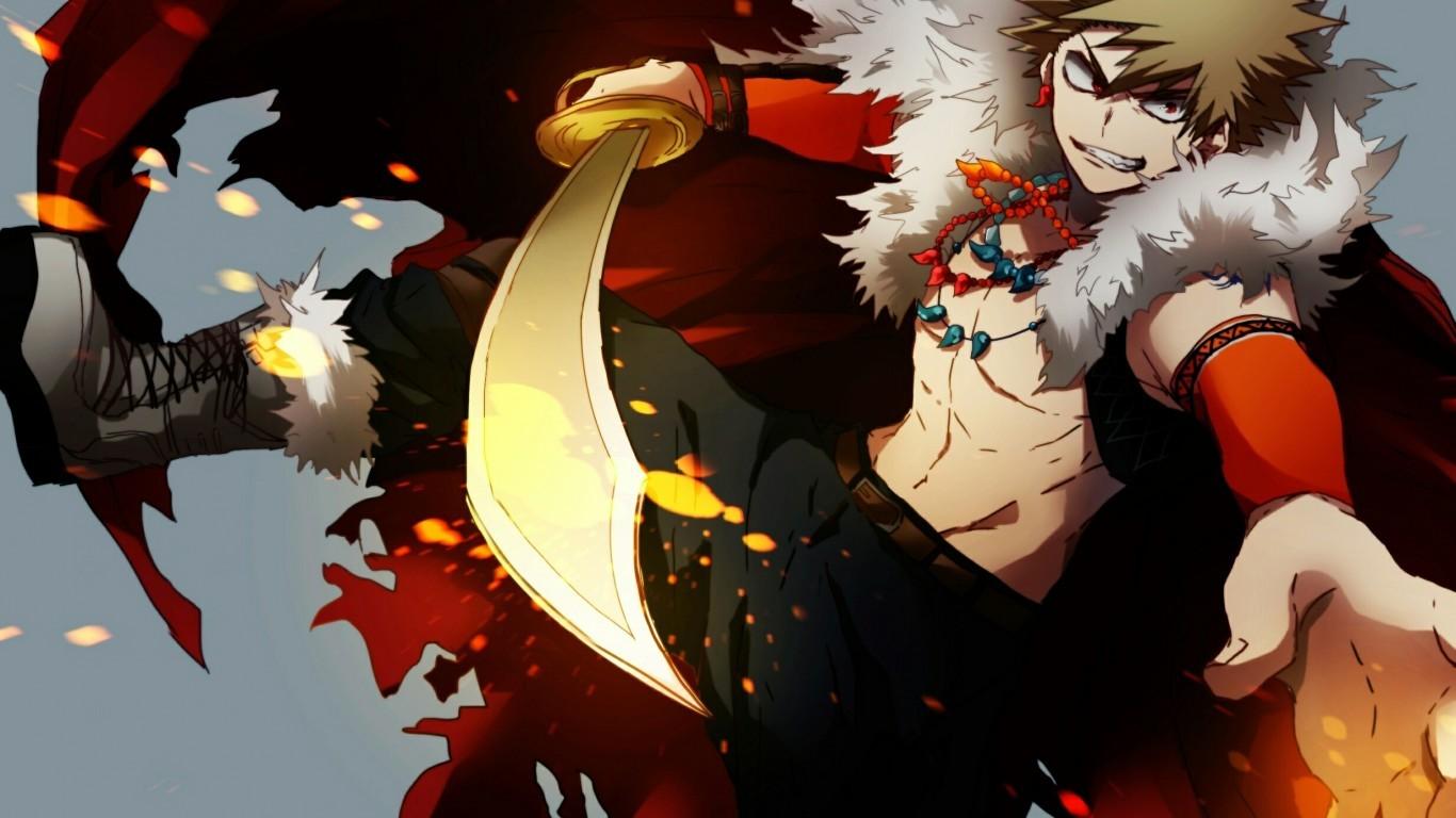 1366x768 Download 1366x768 Bakugou Katsuki, Boku No Hero Academia, Sword, Cape Wallpaper for Laptop, Notebook