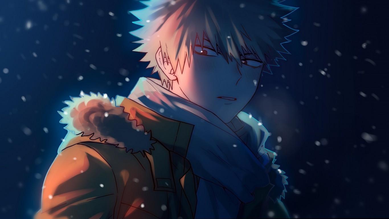 1366x768 Download 1366x768 Katsuki Bakugou, Boku No Hero Academia, Snow, Scarf Wallpaper for Laptop, Notebook