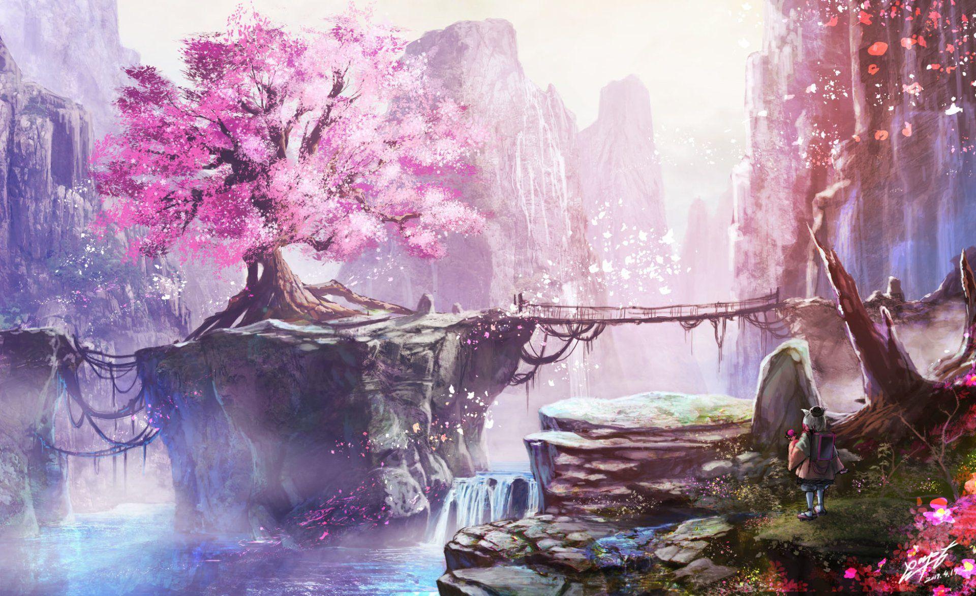 1920x1174 Anime Original Cherry Blossom Landscape Tree Blossom Nature Petal Wallpaper. Anime cherry blossom, Cherry blossom wallpaper, Cherry blossom art