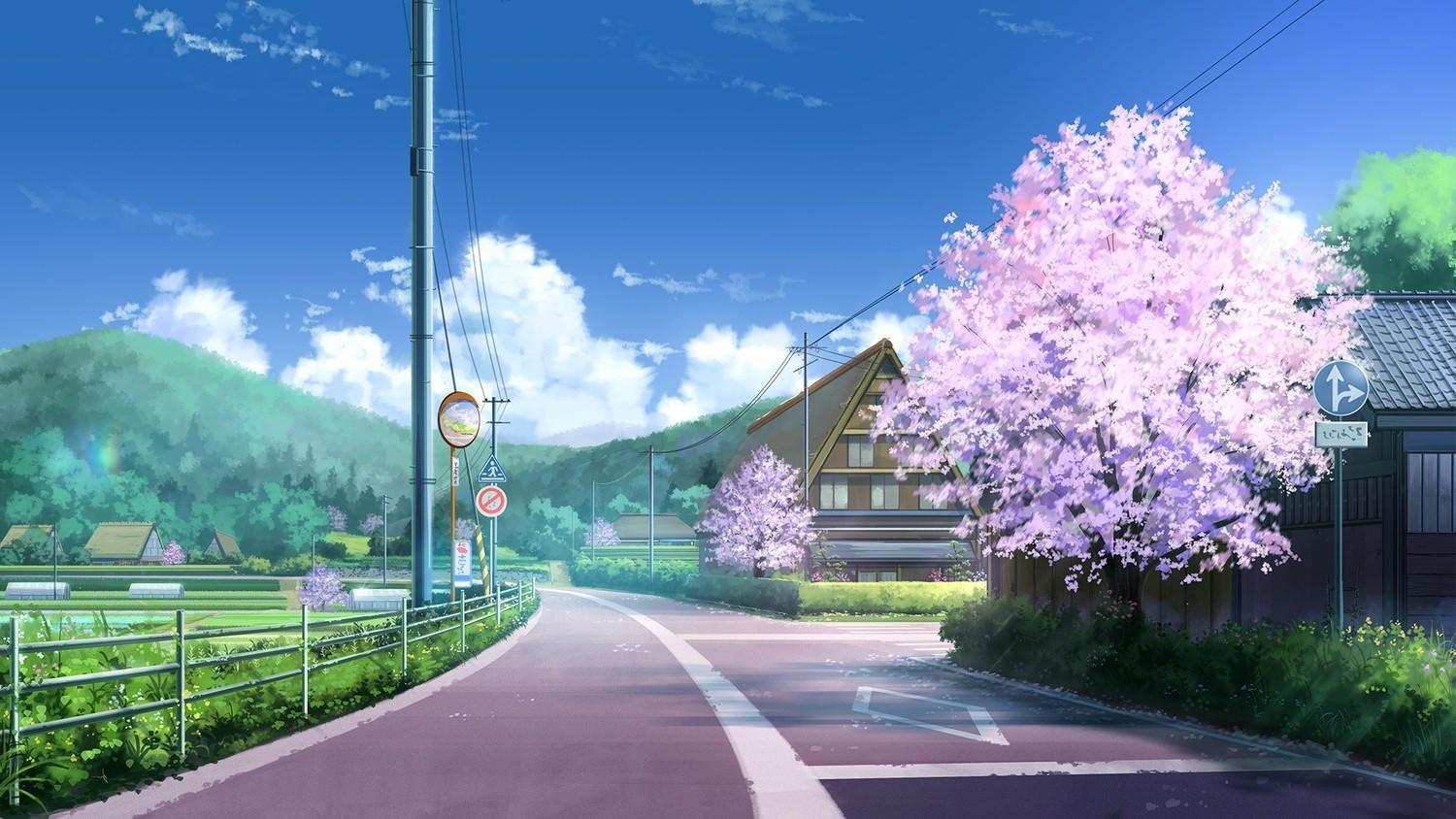 1500x844 road clouds cherry blossom landscape wallpaper