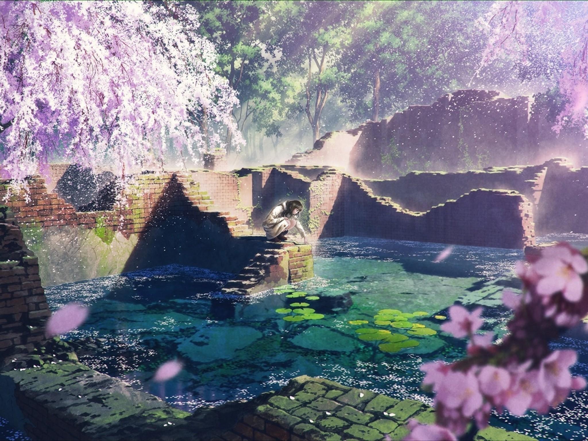2048x1536 Download 2048x1536 Anime Landscape, Cherry Blossom, Anime Girl, Ruins, Water Wallpaper for Ainol Novo 9 Spark