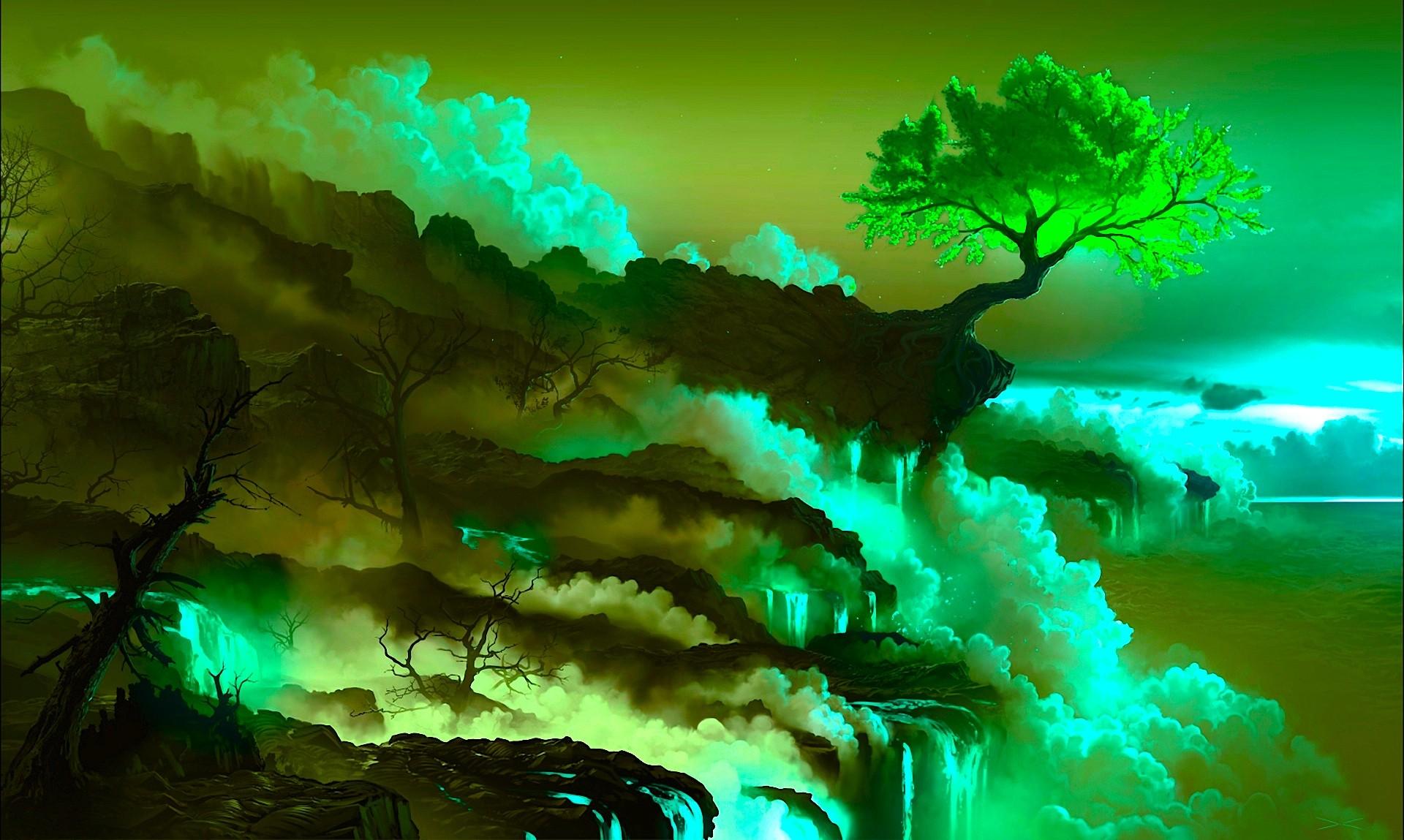 1920x1149 #smoke, #fantasy art, #trees, #cherry blossom, #landscape, #lava, # nature, #digital art, wallpaper. Mocah HD Wallpaper