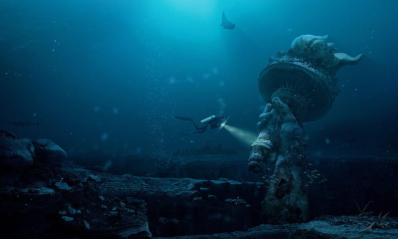 1280x768 Underwater deep diving Statue of Liberty, 1280 x 768pix wallpaper Surreal Art, Photo Manipulation