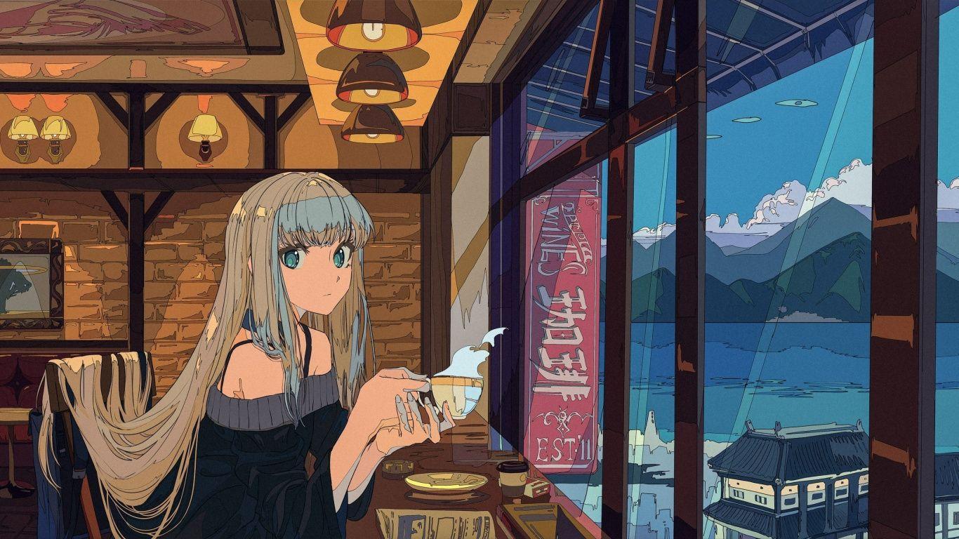 1366x768 Cute Anime Coffee Shop Background